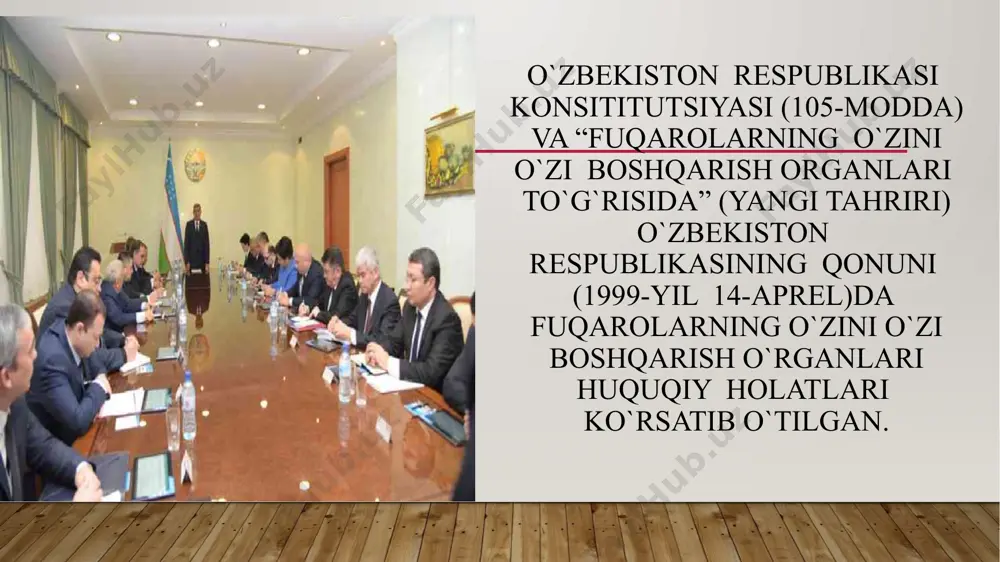 ini joriy qilishni davrning o`zi taqozo etmoqda. buning uchun esa, mazkur tizimning huquqiy asosi hisoblangan “fuqarolarning o`zini o`zi boshqarish organlari to`g`risida”gi qonunni yangi tahrirda qabul qilishga ehtiyoj sezilmoqda. e’tibor qaratilganlayni paytda parlament quyi palatasida yangi tahrirdagi “fuqarolarning o`zini o`zi boshqarish organlari to`g`risida”gi qonun loyihasi yuzasidan ishchi guruh tuzilib, uni takomillashtirish bo`yicha qizg`in ish olib borilmoqda. “fuqarolarning o`zini o`zi boshqarish organlari to`g`risida”gi amaldagi qonun 33 moddadan iborat bo`lgan bo`lsa, hozirgi qonun loyihasining 71 moddadan iborat ekanligining o`zi amaldagi qonun normalarida to`liq qamrab olinmagan fuqarolar yig`inlari faoliyati bilan bog`liq munjsabatlarni tartibga solishga alohida igidan dalolat beradi. mazkur qonun o`zbekiston respublikasining “fuqarolarning o`zini o`zi boshqarish organlari to`g`risida”gi o`zbekiston respublikasi qonuniga o`zgartirish va qo`shimchalar kiritish haqida”gi 2013-yil 22-apreldagi o`rq-350-sonli qonuniga muofiq yangi tahrirda qabul qilingan. 1-modda. fuqarolarning o`zini o`zi boshqarishi tushunchasi fuqarolarning o`zini o`zi boshqarish- fuqarolarning o`zbekiston respublikasi konstitutsiyasi va qonunlari bilan kafolatlanadigan, ularning o`z manfaatlaridan, rivojlanishning tarixiy xususiyatlaridan, shuningdek milliy va ma’naviy qadriyatlaridan, …
