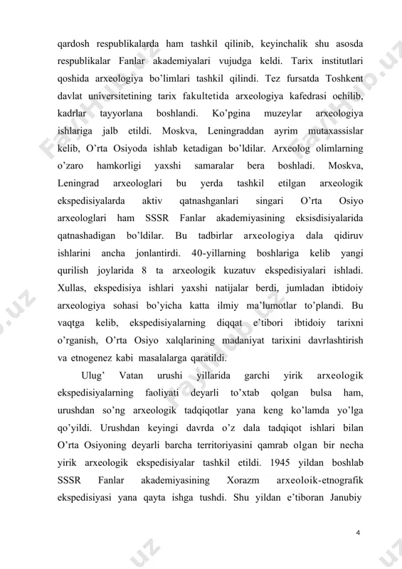 islomov, m. r. qosimov, p. x. sulaymonov, g. ye. markov, n. x. toshkenboyev, t. m. mirsoatov va boshqalarning ko’p yillar davomida olib borgan arxeologik tadqiqotlari tufayli o’rta osiyo arxeologiyasining paleolit, mezolit, neolit, eneolit va bronza davrlari madaniyati anchagina puxta o’rganildi. o’rta osiyo ibtidoiy arxeologiyasi yutuqlari to’g’risida quyida atroflicha to’xtalishni hisobga olib, shuni yana alohida ta’kidlab o’tish lozimki, so’nggi yillarda moskva hamda leningrad arxeolog olimlari o’rta osiyo respublikalari uchun arxeolog kadrlar tayyorlab berishda katta xizmat qilmoqdalar. natijada bu yerda arxeologiya kadrlari, jumladan ibtidoiy davrni o’rganuvchi mutaxassislar ko’paydi, ularnnng ish miqyosi ham kengaydi. 1970 yilda o’zbekiston fanlar akademiyasi qoshida arxeologiya institutining tashkil topishi hamda 1971 yilda samarqand davlat universitetida arxeologiya kafedrasining tashkil qilinishi kadrlar yetishtirib chiqarishda va ilmiy tadqiqot ishlarini yanada jonlantirishda katta ahamiyat kasb etdi. arxeologiya yodgorliklarni har tomonlama chuqur va muntazam o’rganish sohasida arxeologiya fani katta yutuqlarga erishdi. jumladan, radio-karbon analizi yo’li bilan makon ma’daniy qatlamlaridan topilgan buyumlarning yoshini va …