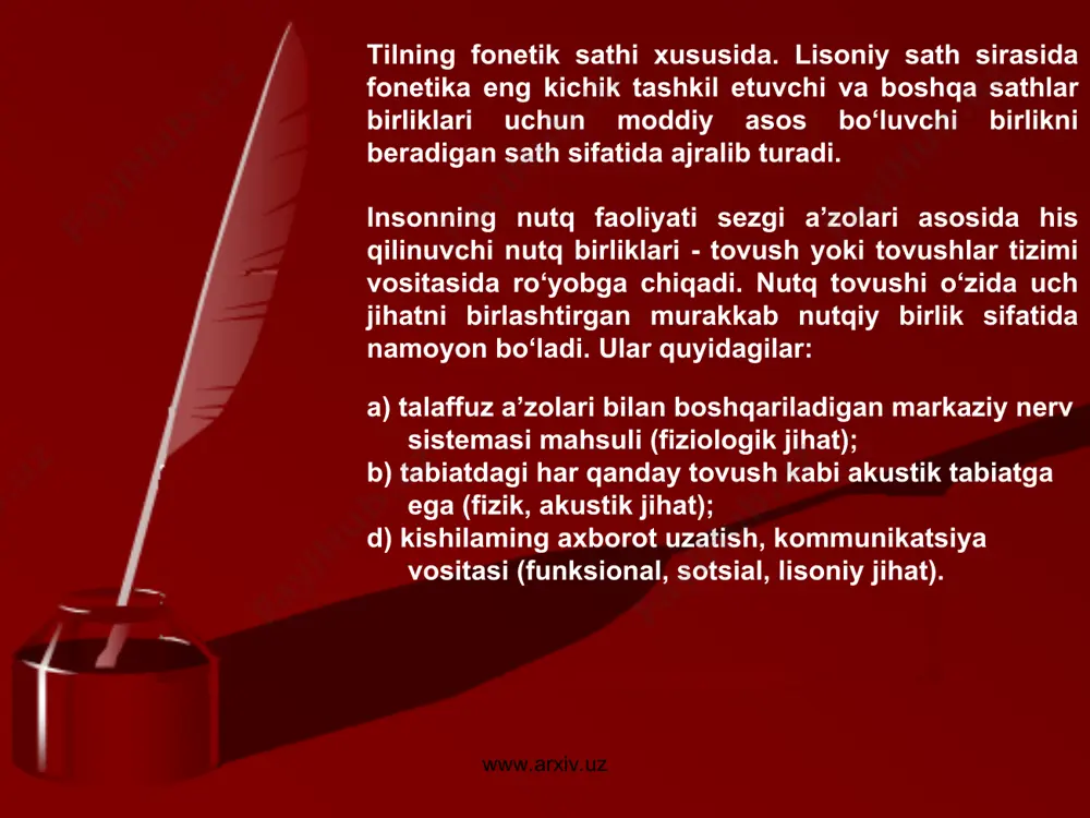 i belgilari sanaladi. ma’lum bo’ladiki, o‘zbek tilida unli fonemalar bir belgi asosida uch (tor, o‘rta, keng) va ikki a’zoli ziddiyatni (lablangan, lablanmagan), ikki belgi («tilning ko'tarilish darajasi» va «lablanganlik-lablanmaganlik») asosida olti a’zoli ziddiyatni hosil qiladi. www.arxiv.uz www.arxiv.uz undosh fonemalar paradigmasi kuchli ziddiyatdagi undosh fonemalarni farqlovchi asosiy belgi quyidagilar hisoblanadi: a) hosil bo'lish o‘rniga ko‘ra; b) hosil bo‘lish usuliga ko‘ra; d) ovoz va shovqin ishtirokiga ko‘ra. hozirgi o‘zbek tilida 24 ta undosh fonema boiib, ulami yuqorida sanab o‘tilgan belgilari bilan ko‘ish mumkin www.arxiv.uz www.arxiv.uz boshqa sath birliklarida bo'lgani kabi, fonemalaming asosiy belgilari korrelyativ va korrelyativ bo‘lmaganlarga ajraladi. ziddiyatda turgan fonemaning birida bor, ammo ikkinchisida mavjud bo'lmagan belgi — korrelyativ belgi. masalan, [b]-[p] zidlanishda jarangli-jarangsizlik korrelyativ belgidir. ammo til oldi va portlovchilik belgisi har ikkala fonema uchun ham xos bo‘lganligi sababli korrelyativ . bo‘lmagan belgi deyiladi. shuningdek, [h] undoshda jarangsizlik belgisi mavjud. ammo shu belgi asosida uni boshqa fonema bilan zid qo‘yib …