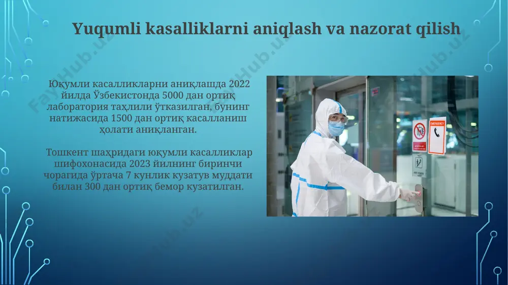 klif etadi. “davolash va reabilitatsiya” markazlarida o‘zbekiston bo‘ylab 2023-yilda 5000 dan ortiq bemor reabilitatsiya dasturlaridan o‘tgan, bu esa kasallikdan keyingi tiklanish samaradorligini 30% ga oshirgan. zamonaviy texnologiyalarni qo'llash toshkent shahridagi shifoxonalarda qo‘llaniladigan aqlli soatlar va fitness trekerlar, bemorlarning yurak urishi, tana harorati va boshqa muhim ko‘rsatkichlarini uzluksiz kuzatib, shifokorlarga 24/7 real vaqtda ma’lumot yetkazib beradi, bu esa tezkor choralar ko‘rish imkonini beradi. sog‘liqni saqlash xodimlarining 5g tarmog‘idan foydalanib, masofadan turib bemorlarni kuzatish imkoniyati, real vaqt rejimida ma’lumotlarni uzatish tezligi 100 mbps dan yuqori bo‘lgan holda, samarqand viloyatida sinovdan o‘tkazilmoqda. jamoatchilik salomatligi bilan bog'liq masalalar 2022-yilda o'zbekistonning andijon viloyatida ro'y bergan suv ta'minoti bilan bog'liq muammolar 500 000 dan ortiq aholiga ta'sir ko'rsatib, yuqumli kasalliklar xavfini oshirdi. samarqand viloyatida 2023-yilning birinchi choragida ro'y bergan oziq-ovqat zaharlanishi holatlarining 75% noto'g'ri saqlash sharoitlari bilan bog'liq bo'lgan. kelajakdagi istiqbollar va takliflar sogʻliqni saqlash tizimini raqamlashtirish orqali, 2025-yilga borib, toshkent shahrida 50%ga yaqin kuzatuv va …