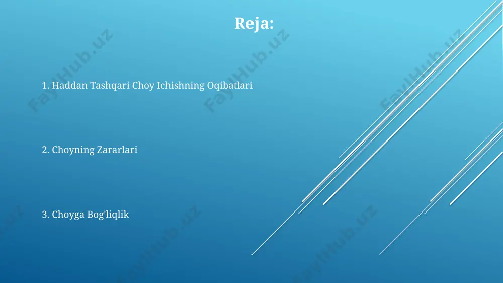 zilgan so'rovnoma natijalariga ko'ra, kuniga 5 dan ortiq stakan choy ichuvchilarning 25%ida uyqusizlik muammosi kuzatiladi. farg'ona vodiysida choy yetishtirish bilan shug'ullanuvchi 1000 dan ortiq fermer xo'jaliklarining 40% dan ko'prog'i, choy ishlab chiqarishning ekologik ta'sirlari haqida xabardor emas. haddan tashqari choy ichishning salbiy oqibatlari choy tarkibidagi taninlar, taxminan 100 ml choyda 150mg gacha bo'lishi mumkin, me'da-ichak traktining tirnash xususiyatiga va hazmsizlikka olib kelishi mumkin. haddan tashqari choy ichish, ayniqsa, 30 yoshdan oshgan toshkentlik ayollarda osteoporozni 2 barobar oshirishi mumkin, chunki choy kaltsiyni yuvishi mumkin. samarqand viloyatida o'tkazilgan tadqiqotlar shuni ko'rsatdiki, kuniga 5 dan ortiq stakan kuchli choy ichish yurak urish tezligini 15% ga oshiradi va qon bosimini ko'tarishi mumkin. choyning tarkibi чойнинг таркибида 100 дан ортиқ турли хил биологик актив моддалар, жумладан, полифеноллар, кофеин ва теобромин кабилар борлиги аниқланган бўлиб, буларнинг аксарияти хитой, ҳиндистон ва шри-ланка каби мамлакатларда етиштириладиган чой навларида кўп миқдорда учрайди. чой таркибидаги флавоноидлар миқдори 20 дан 50 …