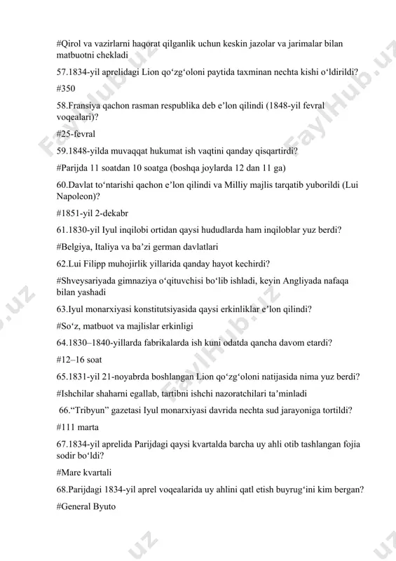 rushdan tashqarida saqlab qolish” 80.aqsh germaniya bilan diplomatik aloqalarni qachon uzdi? #1917-yil fevralda 81.napoleon “buyuk qoʻshin”ni dastlab qachon tuzgan edi? #1805-yili 82.buyuk qoʻshin 1812-yilda qaysi davlatga qarshi yurish uchun qaytadan tuzilgan edi? #rossiya 83.avstriyaga qarshi urushda napoleonning asosiy gʻalabasi qayerda boʻlgan? #marengo yonida 84.lyunevil tinchlik sulhi qachon imzolangan? #1801-yil 9-fevralda 85.lyunevil sulhiga koʻra fransiya chegarasi qayergacha kengaydi? #reyngacha 86.amyen tinchlik sulhi qaysi davlatlar oʻrtasida imzolangan edi? #fransiya, angliya, ispaniya va batav respublikasi 87.amyen sulhiga binoan angliya qaysi oroldan qoʻshinini olib chiqishi lozim edi? #malta orolidan 88.trafalgar jangida inglizlar flotiga kim qoʻmondonlik qilgan? #admiral nelson 89.austerlis jangi qachon boʻlgan? #1805-yil 2-dekabrda 90.tilzit sulhi natijasida rossiya qaysi davlat bilan ittifoqini uzdi? #angliya bilan 91.napoleonning boltiq dengizidagi shimoliy yurishlari nega kutilgan natijani bermadi? #rossiya bu urushni qoʻllamadi 92.1808-yilda ispaniya taxtiga kim oʻtqazilgan edi? #jozef (jb) bonapart 93.saragosa qamali qancha talafot bilan yakunlangan deb koʻrsatilgan? #54 ming aholining oʻlimi 94.1809-yilgi avstriya bilan urushning sababi …