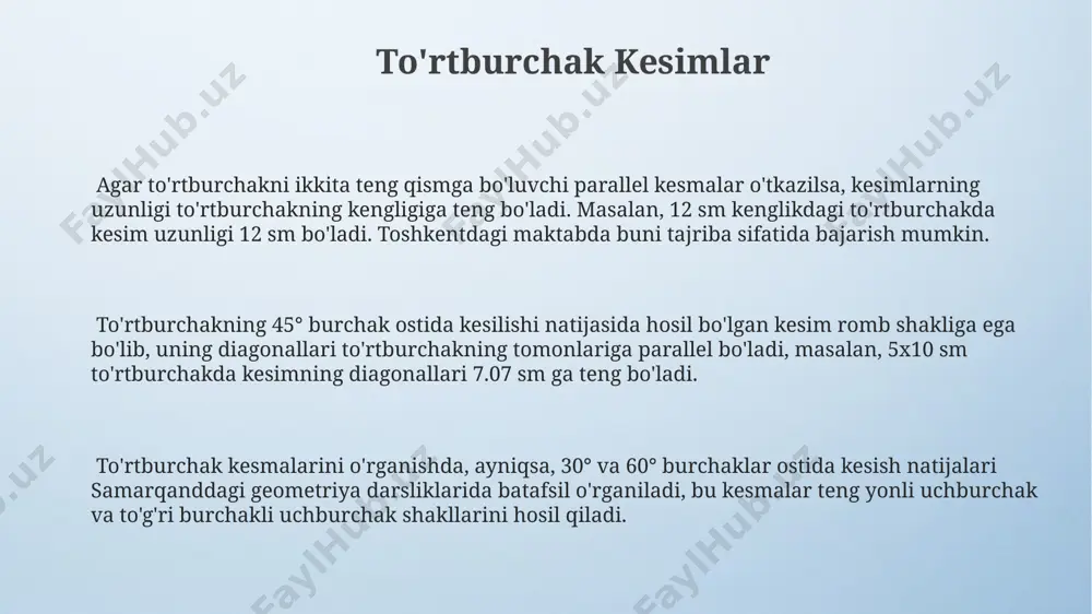 ar to'plami muntazam ko'pburchaklarning 3 va 4 ta tomonli kesmalarini aniqlash bo'yicha 10 ta misolni o'z ichiga oladi. murakkab kesimlar murakkab kesimlarni tahlil qilishda, 3 o'lchovli fazoda 12 ta qirrali ko'pburchakning turli xil kesimlarini tasavvur qilish va ularning xossalarini aniqlash muhim ahamiyatga ega. samarqanddagi universitet talabalari bunday masalalar ustida ko'p ishlashadi. murakkab kesimlarni o'rganishda, 6 burchakli ko'pburchakning ichiga joylashtirilgan 2 ta teng tomonli uchburchakning nisbatlarini hisoblash orqali, geometrik teoremalarni amaliy qo'llashni o'rganamiz, bu esa buxoroning mashhur matematiklarining ishlarida muhim rol o'ynaydi. murakkab kesimlar, masalan, 5 va 7 burchakli muntazam ko'pburchaklarning kesishmalarini o'rganishda, toshkentdagi matematika olimpiadalarida tez-tez uchraydigan murakkab geometrik masalalarni hal qilishda qo'llaniladi. beshburchak va ko'pburchak kesimlar beshburchakning 5 ta teng tomoni va 5 ta teng burchagi bor, har bir burchak 108 gradusni tashkil etadi. ushbu xususiyatlar beshburchakning turli kesmalarini aniqlashda muhim rol o'ynaydi, masalan, samarqanddagi madrasalar me'morchiligi misolida. ko'pburchakning kesimi, uni tekislik bilan kesish natijasida hosil bo'ladigan shakldir. masalan, …