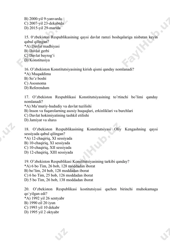 ton respublikasining hududi qancha? *a) 448,9 ming km.kv. b) 460,4 ming km. kv. c) 346,6 ming km. kv. d) 576,7 ming km. kv. 24. o’zbekiston respublikasining mustaqillik deklaratsiyasi … moddadan iborat *a) 12 modda b) 128 modda c) 17 modda d) 36 modda 25. o’zbekistonda prezidentlik lavozimi qachon joriy etiladi? *a) 1990 yil 24 mart b) 1991 yil 25 iyun c) 1991 yil 20 may d) 1991 yil 24 aprel 26.o’zbekiston respublikasining birinchi prezidenti i.a.karimovning “o’zbekiston mustqaillikka erishish ostonasida” nomli asari nechinchi yilda nashr etilgan? *a) 2011 у b) 1999 у c) 1998 у d) 2001 у 27. o’zbekiston respublikasining birinchi prezidenti islom karimov 0‘zbekiston kompartiyasi markaziy qo‘mitasining birinchi kotibi etib qachon saylangan? *a) 1989 yil 23 iyunda b) 1990 yil 21 iyunda c) 1988 yil 20 iyunda d) 1989 yil 10 dekabr 28. sovet ittifoqini ijtimoiy-iqtisodiy inqirozdan olib chiqishga qaratilgan “qayta qurish” siyosatining tashabbuskorini toping. *a) m.s.gorbachev b) l.i.brejnev …