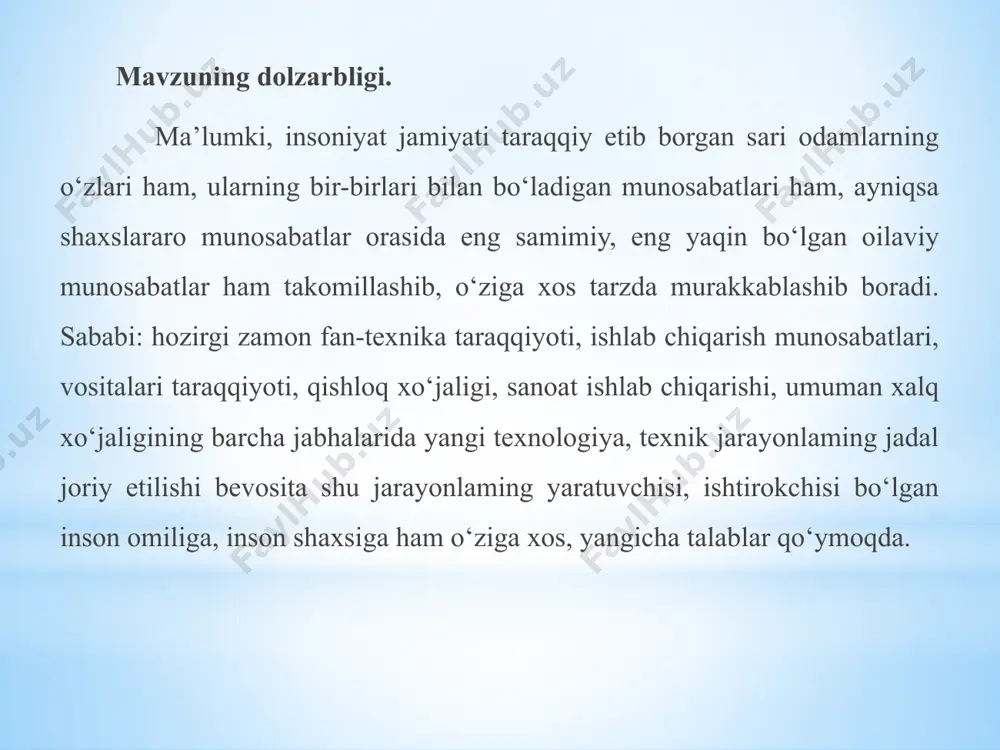 ganda inson shaxsi uchta faktorlar ta’sirida tarkib topadi. ulardan birinchisi odam tugilib o‘sadigan tashqi ijtimoiy muhitning ta’siri bo‘lsa, ikkinchisi odamga uzoq muddat davomida sistemali beriladigan ijtimoiy ta’lim-tarbiyaning ta’siridir va nihoyat, uchinchisi odamga nasliy yo‘l bilan beradigan irsiy omillarning ta’siridir. 2.sharq mutafakkirlarining oilaviy tarbiya haqidagi qarashlari buyuk mutafakkirlarning fikricha, tarbiyachi bolalar bilan muomalada bosiq bo‘lishi, o‘quvchilar ta’limni qanday o‘zlashtirayotganini kuzatib borishi, o‘qitishi va tarbiya jarayonida har xil usullarni qo‘llashi, o‘quvchining xotirasi va boshqa aqliy qobiliyatini bilishi, bolalarni tarbiyalashda tegishli jazo choralariniqo‘llashi, ularni fanga qiziqtirishi, aniq adabiy tilda tushuntirishi bolalarda hissiyot uyg‘otadig an bo‘lishi zarur. ta’lim-tarbiya haqidagi bu fikrlar yosh avlodni komil inson qilib voyaga yetkazishda xizmat qiladi. abu ali ibn sinoning fikricha, insonning aqlan barkamol, jismonan yetuk, axloqiy -ma’naviy boy bo‘lishida tarbiyaning barcha turlarini uyg‘unlashgan holda olib borilishi katta ahamiyatga ega ekanligini ta’kidlaydi. tarbiyaning asosiy vazifasi-shaxsning aqliy, axloqiy erkin fikrlovchi va jismoniy rivojlanish, uning qobiliyatlarini har tomonlama ochish uchun imkoniyat yaratishdir. …