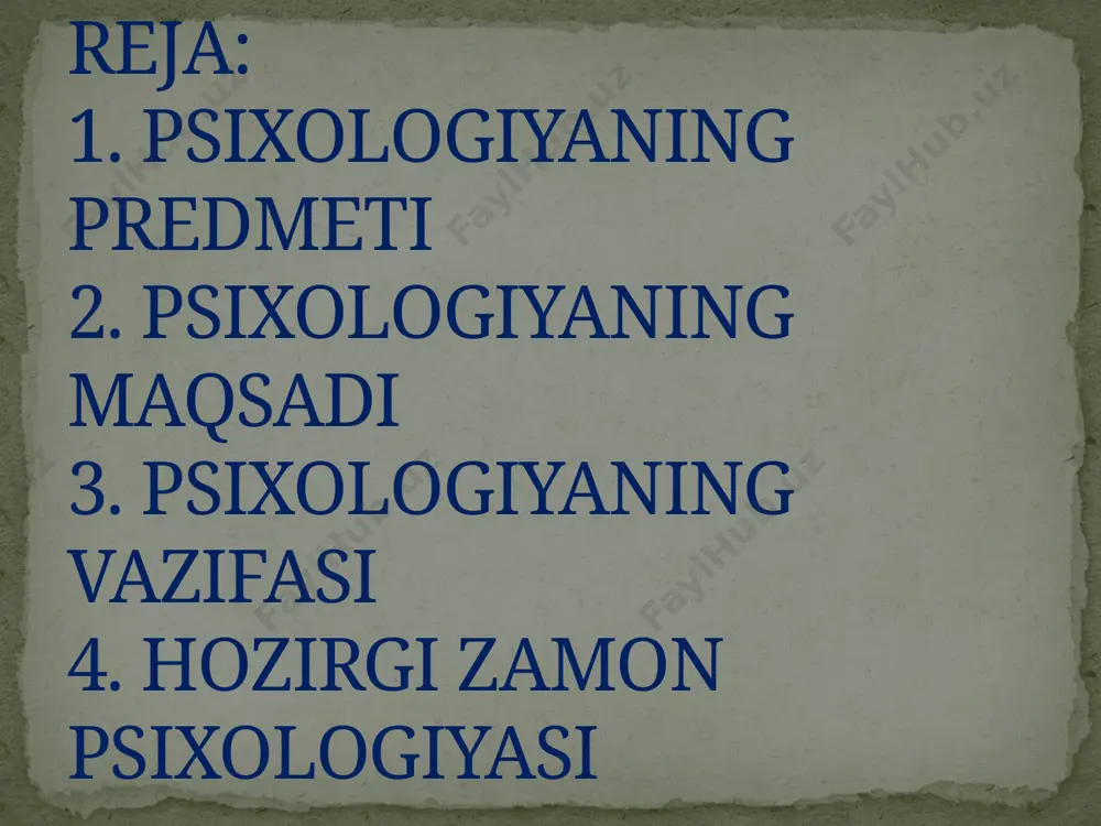 analitik psixologiya — karl gustav yung); obrazlarni qayta ishlash jarayoni va ushbu jarayonlarning natijalari (geshtalt-psixologiya — maks vertgeymer); inson mavjudligi muammolari (gumansitik, jumladan, ekzistentsial psixologiya — abraxam maslou, karl rodjers, viktor frankl, rollo mey, ontopsixologiya — antonio menegetti va pozitiv psixologiya — martin seligman); «miya» axborot tizimi tomonidan axborotni qayta ishlash jarayonlari, insonning o’rganish qobiliyatlari (kognitiv psixologiya — jorj miller, gerbert saymon, allen nyuell, noam xomski, devid grin, jon swits va boshqalar); v. a. mazilovning fikricha, insonning ichki dunyosini ilmiy psixologiya predmeti deb hisoblash maqsadga muvofiq. ma’lumot to’plash usullari (o’z-o’zini kuzatish, kuzatish, faoliyat natijalarini o’rganish, hujjatlarni o’rganish, so’rovnomalar usuli, testlar usuli, tadqiqotlar, biografik usul); ma’lumotlarga ishlov berish usullari (statistik tahlil, boshqa matematik usullar); psixologik ta’sir ko’rsatish usullari (muhokamalar, treninglar, shakllantiruvchi tadqiqotlar, ishontirish, ongiga singdirish, relaksatsiya va boshqalar); elektronensefalografiya, tomografiya, magnitoensefalografiya va inson tanasidan o’ta oladigan 700-900 nanometr uzunlikdagi to’lqinli infraqizil spektroskopiya asosida miya va alohida neyronlar elektrofiziologiyasi. psixologiya usullari (metodlari) …