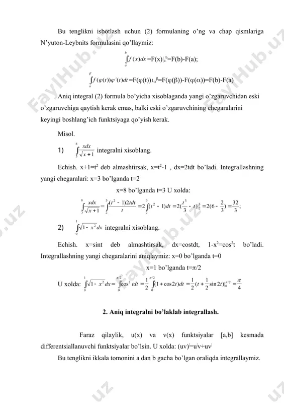 n’yutоn-lеybnits fоrmulаsi. аniq intеgrаldа o’zgаruvchini аlmаshtirish vа bo’lаklаb intеgrаllаsh - Page 4