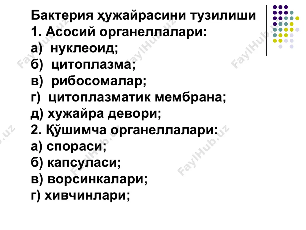 лар * * вибрионлар вибрионлар таёқчалар таёқчалар таёқчалар таёқчалар стафилококклар стафилококклар вейлонеллалар вейлонеллалар стрептококклар стрептококклар гонококклар гонококклар пневмококклар пневмококклар менингококклар менингококклар қалин қалин деворли деворли грам грам мусбат мусбат бактериялар бактериялар юпқа юпқа деворли деворли грам грам манфий манфий бактериялар бактериялар расм. бактерияларнингморфологикватинкториалхусусиятлари. * споранингжойлашуви: 1-марказий; 2-субтерминал; 3-терминал грам грам усули усули билан билан бўяш бўяш   фиксацияланган фиксацияланган суртма суртма генциан генциан бинафша бинафша билан билан 2 2 минут минут бўялади бўялади . .   люгол люгол эритмаси эритмаси томизилиб томизилиб 1 1 минут минут ушлаб ушлаб турилади турилади   этил этил спирти спирти томизилиб томизилиб 20 20 – – 30 30 секунд секунд ушлаб ушлаб турилади турилади   препарат препарат сув сув билан билан ювилиб ювилиб , , қайтадан қайтадан фуксиннинг фуксиннинг сувли сувли эритаси эритаси билан билан 1 1 - - 2 2 минут минут бўялади бўялади   граммусбат граммусбат бактериялар бактериялар …