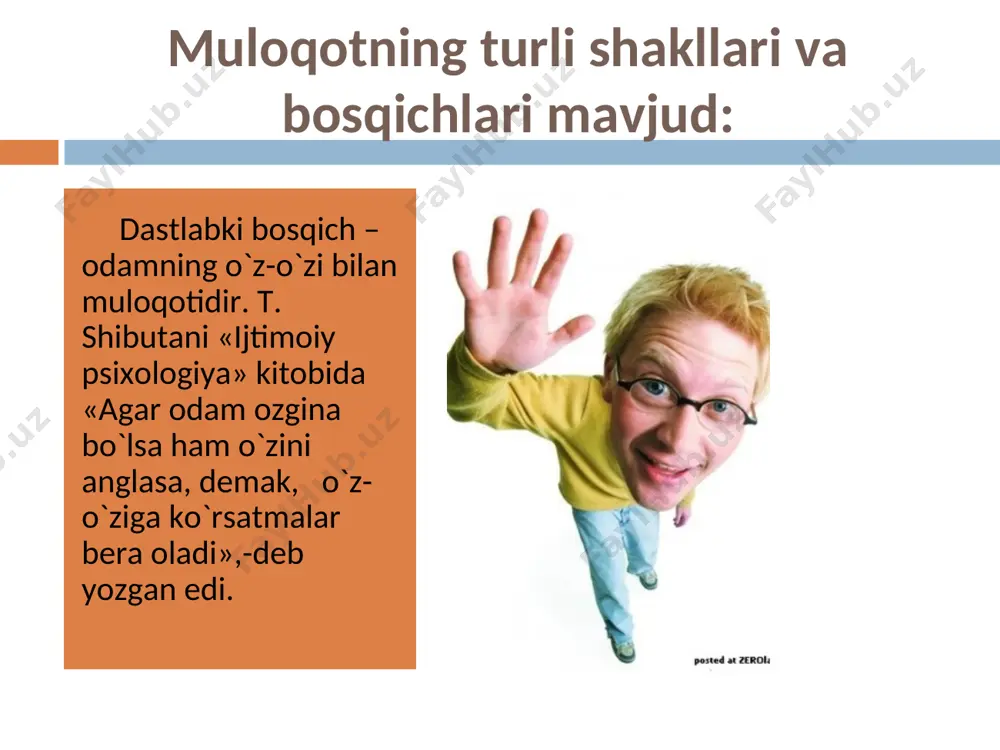 asavvur qilishdir, o`ziga birovning ko`zi bilan qarashga intilishdir. masalan: guruhdoshingizdan biriga ko`ylagi yarashmaganini aytish mumkin, 2-chisiga aytsam kuyyapti deb o`ylaydi deysiz. dolzarb muammolardan biri- yoshlarda yangicha dunyoqarashni shakllantirish, ularni yangicha demokratik munosabatlarga ruhiy jihatdan tayyorlashdir. ma’naviyat sohasidagi islohotlar yoshlarda o’z xalqining madaniyati, vatanning o’tmishi va buguni, milliy qadriyatlarga to’g’ri munosabatlarning shakllanishiga sabab bo’ladi va bu- ziyoli, bilimdon kishilar uchun eng zarur fazilatdir. verbal ta’sir - bu so’z va nutqimiz orqali ko’rsatadigan ta’sirimizdir. bundagi asosiy vositalar so’zlardir. paralingvistik ta’sir - bu nutqning atrofidagi nutqni bezovchi, uni kuchaytiruvchi yoki susaytiruvchi omillar: tovushlar, to’xtashlar, duduqlanish, yo’tal, til bilan amalga oshiriladigan harakatlar, nidolar kiradi. noverbal ta’sir - bunga suhbatdoshlarning fazoda bir-birlariga nisbatan tutgan o’rinlari, holatlari (yaqin, uzoq, intim), qiliqlari, mimika, pantomimika, qarashlar, bir-birini bevosita his qilishlar, tashqi qiyofa va signallar kiradi. milliy an'analar muomala va muloqotda xalqimizning milliy an'analari va urf-odatlari ham ta'sirini ko’rsatadi. "an'ana" arabcha so’z bo’lib, uzoq zamonlardan bеri avloddan - avlodga, …