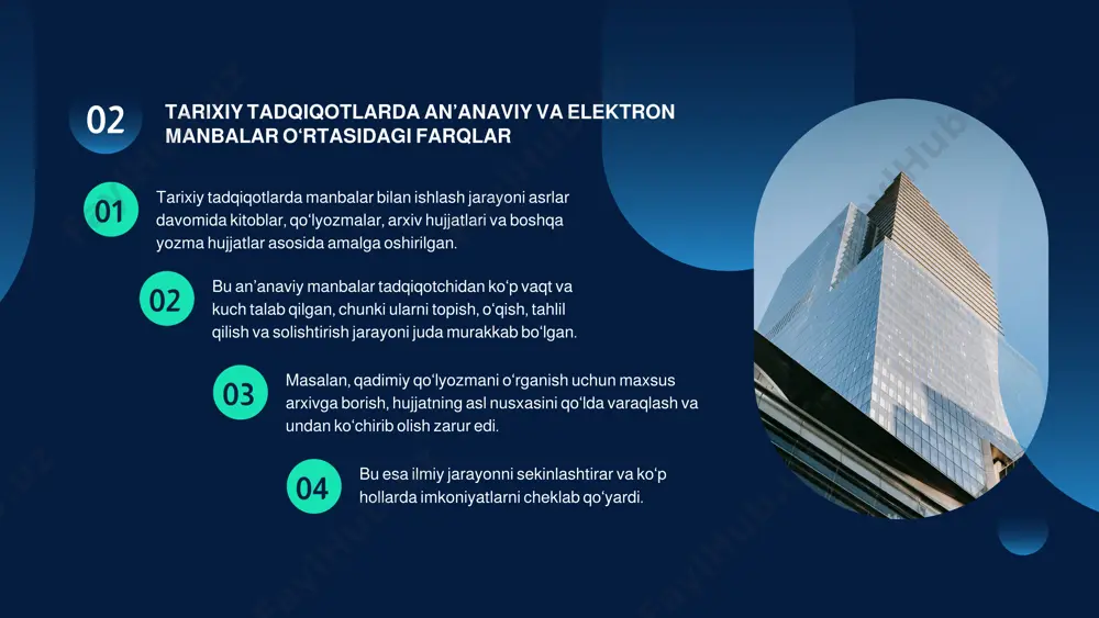 i saqlash va kelajak avlodga yetkazishda muhim rol o‘ynaydi. elektron arxivlar, kutubxonalar, ilmiy bazalar va ma’lumot markazlari orqali tadqiqotchilar geografik yoki moddiy cheklovlarsiz zarur manbalarga erkin kira oladilar. bundan tashqari, tezkor qidiruv tizimlari, ko‘p formatlilik va global hamkorlik imkoniyatlari ilmiy faoliyat samaradorligini oshiradi. elektron manbalardan foydalanishda ishonchlilik va haqqoniylikka alohida e’tibor qaratish lozim. faqat tekshirilgan, ilmiy asoslangan manbalardan foydalanish tadqiqotlarning sifatini ta’minlaydi. umuman olganda, elektron manbalar tarixiy tadqiqotlar uchun nafaqat qulaylik, balki zaruratga aylangan. ularning rivojlanishi kelajakda tarix fanini yanada chuqurroq, kengroq va tizimli o‘rganish imkonini beradi. ismoilov, b. tarixiy tadqiqot metodologiyasi. foydalanilgan adabiyotlar to‘raqulov, m. axborot texnologiyalari va ilmiy tadqiqotlarda ularning o‘rni. – toshkent: fan va texnologiya, 2020. europeana – yevropa raqamli kutubxonasi – https://www.europeana.eu etiboringiz uchun rahmat ! image1.png image2.svg image2.jpeg image3.png image4.jpeg image5.jpeg image6.png image8.svg image7.png image10.svg image8.png image12.svg image9.png image14.svg image10.png image16.svg image11.png image18.svg image12.jpeg image13.jpeg image14.jpeg /docprops/thumbnail.jpeg