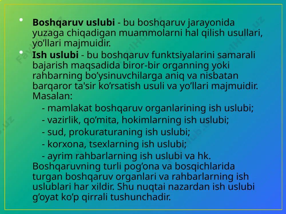 adi; ishlab chiqarishni boshqarishga xodimdlarni jalb qiladi, ularning bildirgan fikriga quloq soladi, ular bilan maslahatlashadi, ijobiy natijalarini inobatga oladi; barcha bilan barobar va samimiy munosabatda bo’ladi, ustunligini bildirmaydi; buyruq berish yo’li bilan emas, balki ishontirish uslubida ish tutadi; bo’ysunuvchilarning shaxsiy tashabbusini, ijodiy faoliyatini rivojlantiradi va jamoada o’rtoqlik va ishchan muhitni yaratadi. qayd etilgan rahbarlik uslublari sof holda uchramaydi. hayotda har bir rahbarning ish uslubi har hil bo’ladi, lekin yuqoridagi uch uslubdan biri yaqqolroq sezilib turadi. turli xil ishlab chiqarish vaziyatlarida xar xil xodimga nisbatan rahbarlikining ijobiy tomonlaridan foydalanish kerak. rahbar haqiqiy ahvolga qarab ish tutishi va bo’ysinuvchilarning o’ziga xos shaxsiy xislatlarini hisobga olib muomala qilishi kerak rahbar fazilatlari to’g’risida gippokrat fikrlari fazilat - bu ijobiy xislat, yaxshi sifat yoki xususiyatdir. kishilarda fazilatlarning turlicha bo’lishi hamda har xil xulq-atvorlar insonning badanida aylanib yuradigan suyuq moddalarga ko’p jihatdan bog’liq ekanligi tajribada kuzatilgan. qadimgi tibbiyotning yirik namoyandasi gippokratning inson badanida qon asosiy o’rinni …