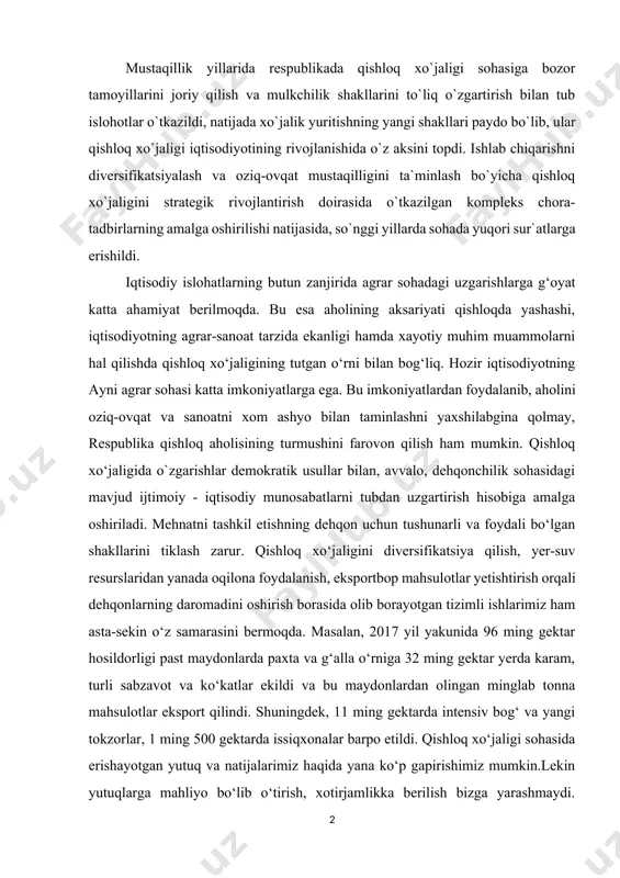 lla o‘rniga 32 ming gektar yerda karam, turli sabzavot va ko‘katlar ekildi va bu maydonlardan olingan minglab tonna mahsulotlar eksport qilindi. shuningdek, 11 ming gektarda intensiv bog‘ va yangi tokzorlar, 1 ming 500 gektarda issiqxonalar barpo etildi. qishloq xo‘jaligi sohasida erishayotgan yutuq va natijalarimiz haqida yana ko‘p gapirishimiz mumkin.lekin yutuqlarga mahliyo bo‘lib o‘tirish, xotirjamlikka berilish bizga yarashmaydi. chunki qishloq xo‘jaligi sohasida hali ishga solinmagan imkoniyatlar, o‘z yechimini kutayotgan muammo va kamchiliklar ham juda ko‘pligini barchamiz yaxshi bilamiz. o‘zbekistonni 2017-2021-yillarda yanada rivojlantirish bo‘yicha harakatlar strategiyasida barcha sohalar qatori qishloq xo‘jaligini ham modernizatsiya qilish borasida eng muhim vazifalarni aniq belgilab, ularni izchil amalga oshirib borayotganimiz sohadagi ulkan muvaffaqiyatlarga asos bo‘lib xizmat qilmoqda. qishloq xo‘jaligini joylashtirish mehnatning ijtimoiy bo‘linishi, geografik (hududiy) bo‘linishining bir shakli bo‘lib, u qishloq xo‘jaligi ishlab chiqarishining o‘ziga xos xususiyatlaridan yuzaga keladi. umumiy ko‘rinishda u o‘zida qishloq xo‘jaligi ishlab chiqarishini hududlar bo‘yicha ma‘lum tamoyillar asosida va qator omillar ta’sirida shakllangan …