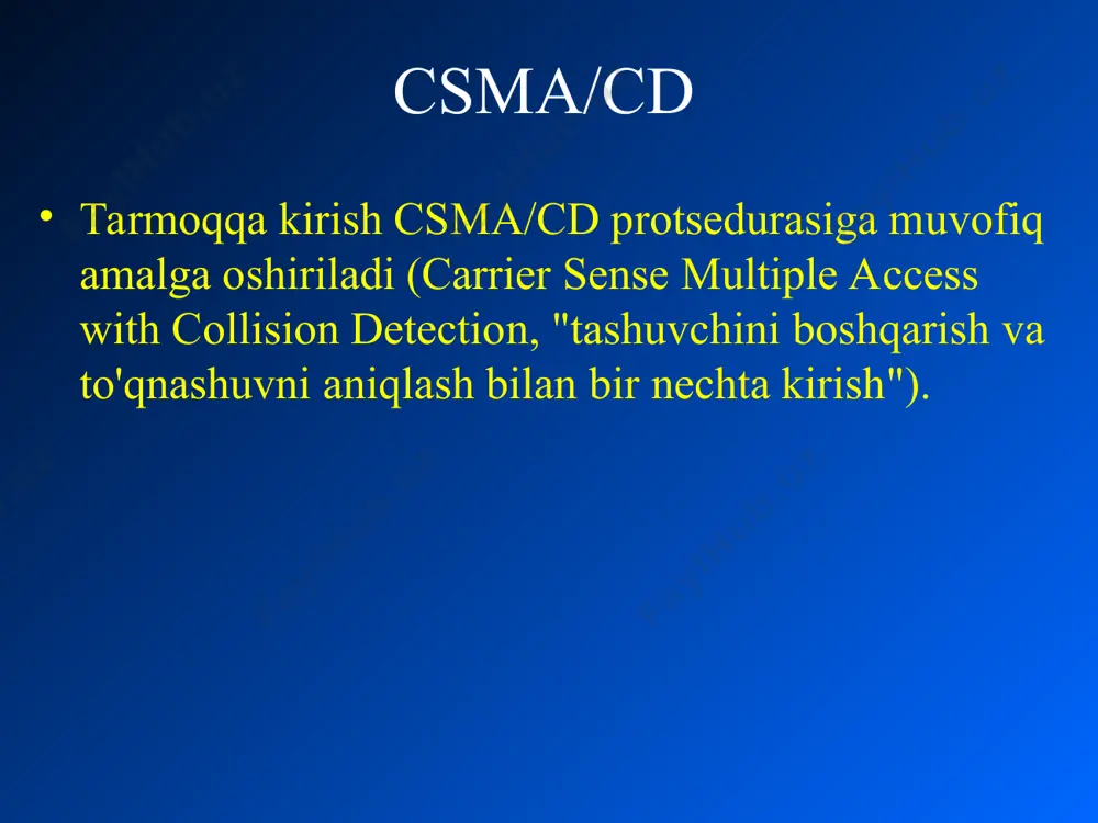 tan oladi. * to'qnashuvning aniqligi (2) to'qnashuv aniqlanganda tarmoqqa to'qnashuv signali yuboriladi 32-bitli «jam-kombinatsiyasi», umumiy signalning chiziqli kodi impulslari amplitudasining oshishi tufayli mahalliy tarmoqdagi signal darajasining oshishiga olib keladi. ma'lumot yuboruvchi har bir tugun tasodifiy pauza qiladi va keyin yana freymni yuborishga urinib ko'rishi mumkin. qayta urinishlar soni cheklangan (16). * алгоритм разрешения коллизий csma/cd * to'qnashuvning aniqligi(3) ko'priklar, aqlli konsentratorlar (switch, kommutator) va marshrutizatorlar ethernet tarmog'ini bir nechta to'qnashuv domenlariga ajratadi. tarmoq ishonchliligi oshadi * ishonchlilik qabul qiluvchi qurilma jo'natuvchiga uzatish jarayonining muvaffaqiyati yoki muvaffaqiyatsizligi haqida xabar bermaydi. ethernet – ulanishsiz tarmoq tuzilishi (connectionless). ethernet – kafolatlanmagan yetkazib berish bilan tarmoq tuzilishi (best-effort delivery). * уровни osi верхние уровни канальный физический интерфейс с устройством доступа интерфейс связи со средой физическая среда управление логическим звеном (llc) управление доступом к среде (mac) передача физических сигналов средства подключения к физической среде да нет да нет нет нет да да узлу требуется передать …