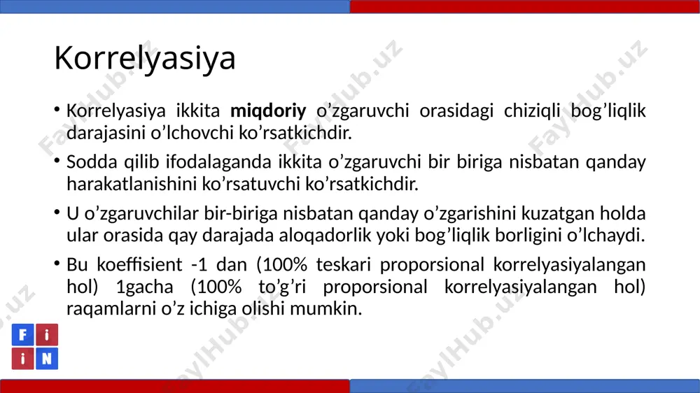 rish imkonini beradi. keyinchalik bu grafik shaklda ko'rsatilishi ham mumkin. korrelyasiyaning kamchiliklari ta’sir kuchining mavjudligini ko’rsatmaydi ko’rsatkichlar orasida korrelyatsiya mavjud ekani ular o’rtasida ta’sir ham mavjudligini anglatmaydi. a va b o’zgaruvchilar bir-biriga bog’liq holda harakatlanishi, a ko’rsatkich b-ni, yoki b ko’rsatkich a-ni o’zgarishiga sabab bo’layotganini bildirmaydi. ekstrapolyasiya asosida xulosa qilish imkonini bermaydi korrelyatsiya darajasini aynan shu berilgan ma’lumotlar asosida hulosa chiqarishga yetarli bo’ladi. masalan, korrelyasion tahlil 1/2 soatdan 3 soatgacha uyda mustaqil o’qish talabaning yakuniy imtihondan mos ravishda 30 dan 40 ballgacha baho olishini ko’rsatsa,bu degani talaba 6 soat dars qilib 80 ball olishidan dalolat bermaydi. regressiya agar o'zgaruvchilar o'rtasidagi bog'liqlik mavjud bo'lsa (korrelyasiya koeffisienti asosida o’rganganimizdek) biz bir o'zgaruvchining xatti-harakatini, masalan, y-ni, boshqasining xatti-harakati, deylik, x asosida bashorat qilish imkoniyatiga ega bo'lamiz. regressiya tahlili - mashxur statistik tadqiqot usuli - bu bog’liqlik o’zgaruvchi y va mustaqil o'zgaruvchilar o'rtasidagi munosabatlarni tasdiqlash uchun foydali. - bashorat qiluvchi, tushuntiruvchi yoki x bilan …