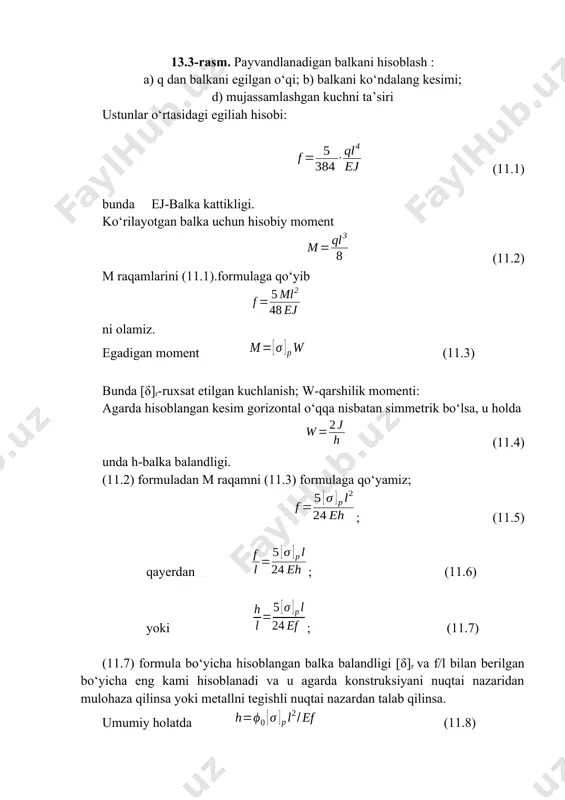 ) mujassamlashgan kuchni ta’siri ustunlar o‘rtasidagi egiliah hisobi: (11.1) bunda ej-balka kattikligi. ko‘rilayotgan balka uchun hisobiy moment (11.2) m raqamlarini (11.1).formulaga qo‘yib ni olamiz. egadigan moment (11.3) bunda [δ]r-ruxsat etilgan kuchlanish; w-qarshilik momenti: agarda hisoblangan kesim gorizontal o‘qqa nisbatan simmetrik bo‘lsa, u holda (11.4) unda h-balka balandligi. (11.2) formuladan m raqamni (11.3) formulaga qo‘yamiz; ; (11.5) qayerdan ; (11.6) yoki ; (11.7) (11.7) formula bo‘yicha hisoblangan balka balandligi [δ]r va f/l bilan berilgan bo‘yicha eng kami hisoblanadi va u agarda konstruksiyani nuqtai nazaridan mulohaza qilinsa yoki metallni tegishli nuqtai nazardan talab qilinsa. umumiy holatda (11.8) konstruksiyalarni turli elementlari uchun ст 3 po‘latdan olingan balkalar quyidagicha nisbatda bo‘lishi mumkin f/l (11.1 jadval) 2.1-jadval konstruksiyalarni bikrligi xarakteristikasi konstruksiya plani f/l kran ostidagi balkalar va formalar: 1/500 -qo‘lda ishlaydigan kranlar -50 tonna yo‘q ko‘taradigan elektr kranlarda 1/600 -50 tonnadan ortik yo‘q ko‘taradigan elektr kranlarda 1/750 -monorelsli yo‘llarda 1/400 ishlab chiqarish imoratlarini ishchi maydonlari …