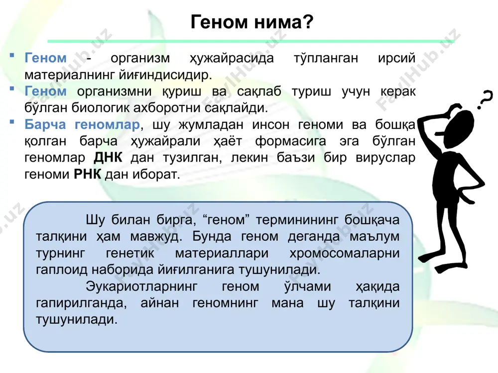 ага келиш тарихи 1956 йил- а.корнберг днк-полимераза ферментини синтез қилди ва унинг ёрдамида биологик фаол днк молекуласини синтез қилди. 1959 йилда с.очоа билан бирга нобель мукофоти лауреати бўлди. 1958 йил-м.мезельсон ва ф.сталь днк репликациясининг ярим консерватив механизмини исботлади. а.леван ва д.тийо одам хромосомасининг сони ва структураси ҳақидаги аниқ маълумотларни олди. 1959 йил - вейс, гурвич ва стивенслар томонидан рнк-полимераза ферменти қайд қилинди. 1961 йил - ф.жакоб ва ж.моно лар оперон моделини ишлаб чиқдилар ҳамда 1965 йилда а.львов билан ҳамкорликда нобель мукофотига лойиқ деб топилдилар. 1965-1967 йиллар - р.холли аланин, а.а.баев эса ачитқида валин аминокислотасининг т-рнк сини аниқладилар. 1966 йил – а.маккьюсик 1500 дан ортиқ ирсий касалликлар тавсифи келтирилган “одамда мендель ирсияти” номли каталогни нашр қилди. м.ниренберг генетик кодни шифрлаш бўйича фуедаменталь ишлар олиб бориб, генетик коднинг 64 та триплетининг барчасини синтезлади ва синовдан ўтказди. (г.корона ва с.очоа ларнинг қисман иштирокида). 1968 йилда р.холли ва г.короналар билан биргаликда нобель мукофотига сазовор …