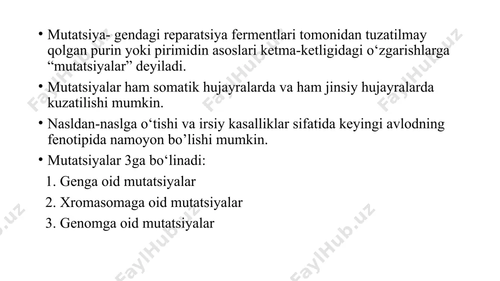 a anti-b antitanachalari, odatda, yuqori titrlarda boʻladi va organizmga mos antigenlar tushga- nida komplement tizimi fermentlarini aktivlashtiradi. onkogenez o'smalarning paydo bo'lishi sabablari o'smalar bu gen kasalliklarining bir guruhi bo'lib, hujayralarning nazorat ostidan chiqib ketgan ko'payishi bilan tavsiflanadi. organizmda tarqalish usuliga ko'ra, ular 2 guruhga bo'linadi: xavfsiz (qo'shni to'qimalarga o'sib kirmaydigan lokal o'smalar) xavfli (to'qimalarga invaziyalanish xususiyatiga ega bo'lgan va tananing boshqa joylariga metastazlana oladigan o'smalar). 100 dan ortiq turli xil saraton turlari ma'lum. kasallikning barcha tashxis qo'yilgan holatlarining 50 %idan ko'prog'i: o'pka, koʻkrak bezi, yo'g'on to'g'ri ichak, prostata, bachadon tuxumdonlar saratoniga to'g'ri keladi. o'sma paydo bo'lishini stimullaydigan omillarga kanserogenlar deb ataladi. ularni katta uch guruhga bo'lish mumkin: nurlanish, kimyoviy birikmalar viruslar ultrabinafsha, rentgen va γ-nurlari dnkni shikastlab, mutagen va kanserogen ta'sir ko'rsatadi. nurlanish ta'sirida dnk molekulasida apurin saytlari, bir yoki ikki zanjirli uzilishlar, qo'shimcha bog'lar paydo bo'lishi mumkin. ultrabinafsha nurlari ta'sirida pirimidin dimerlari paydo bo'lishi mumkin. bulardan tashqari, ular genetik …