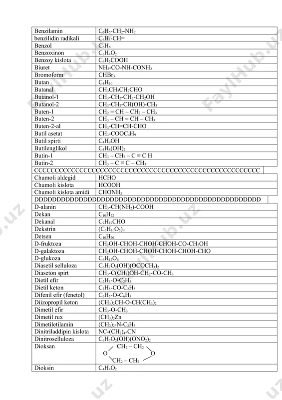 dddddddddddddddddddddddddddd d-alanin ch3-ch(nh2)-cooh dekan c10h22 dekanal c9h19cho dekstrin (c6h10o5)m detsen c10h20 d-fruktoza ch2oh-choh-choh-choh-co-ch2oh d-galaktoza ch2oh-choh-choh-choh-choh-cho d-glukoza c6h12o6 diasetil selluloza c6h7o2(oh)(ococh3)2 diaseton spirt ch3-c(ch3)oh-ch2-co-ch3 dietil efir c2h5-o-с2h5 dietil keton c2h5-co-c2h5 difenil efir (fenetol) c6h5-o-c6h5 diizopropil keton (ch3)2ch-o-ch(ch3)2 dimetil efir ch3-o-ch3 dimetil rux (ch3)2zn dimetiletilamin (ch3)2-n-c2h5 dinitriladdipin kislota nc-(ch2)4-cn dinitroselluloza c6h7o2(oh)(ono2)2 dioksan ch2 – ch2 o o ch2 – ch2 dioksin c4h4o2 dipropil keton c3h7-co-c3h7 d-ksiloza c5h10o5 d-mannit ch2oh-choh-choh-choh-choh-ch2oh d-manno shakar kislota hooc-choh-choh-choh-choh-cooh d-mannon kislota ch2oh-choh-choh-choh-choh-cooh d-mannoza c6h12o6 d-mannoza ch2oh-(choh)4-cho dodekan c12h26 dodetsilamin c12h25-nh2 dulsit ch2oh-choh-choh-choh-choh-ch2oh durol 1,2,4,5-(ch3)4c6h2 eeeeeeeeeeeeeeeeeeeeeeeeeeeeeeeeeeeeeeeeeeeeeeeeeeeeeeeeeeee elaidin k-ta (olein kislotaning trans izomeri) ch3-(ch2)7-c-h || h-c-(ch2)7-cooh enant aldegid c6h13cho enant kislota c6h13cooh etan c2h6 etanal ch3cho etanol ch3-ch2-oh etanol kislota ch2oh-cooh eten ch2 = ch2 etil asetat ch3-cooc2h5 etil izopropil efir c2h5-o-ch(ch3)2 etil propil efir c2h5-o-c3h7 etilamin c2h5-nh2 etilbenzol c6h5c2h5 etilen xlorgidrin clch2-ch2oh etilendiamin nh2-ch2-ch2-nh2 etilenglikol ch2oh-ch2oh etin hc ≡ ch eykozan с20h42 fffffffffffffffffffffffffffffffffffffffffffffffffffffffffffffffffff fenil radikali c6h5 - fenilen radikali …