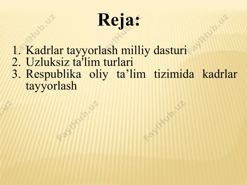 n tashqari ta'lim maktabgacha ta'lim uzluksiz ta'lim tizimining boshlang'ich bo'g'inidir. bu bolaning sog'lom, rivojlangan shaxsini shakllantirishni ta'minlaydi, o'rganishga bo'lgan ishtiyoqni uyg'otadi, tizimli o'rganishga tayyorlaydi. 6-7 yoshgacha bo‘lgan maktabgacha ta’lim davlat va nodavlat maktabgacha ta’lim muassasalarida hamda oilada amalga oshiriladi. maktabgacha ta'limning maqsadi - bolalarni maktabga tayyorlash, bolaning sog'lom, rivojlangan, erkin shaxsini shakllantirish, uning qobiliyatlarini ochib berish, o'qishga, tizimli o'rganishga intilishni tarbiyalash. maktabgacha ta'lim muassasalarida bolalarning hayoti va sog'lig'ini muhofaza qilish maktabgacha ta'lim muassasasining shtatdagi tibbiyot xodimlari, shuningdek, maktabgacha ta'lim muassasasiga biriktirilgan sog'liqni saqlash organining tibbiyot xodimlari tomonidan amalga oshiriladi. o'zbekistonda maktabgacha ta'lim muassasalarining zamonaviy tizimi bolalar bog'chasi, uy bolalar bog'chasi lingvistik, badiiy - estetik, sport va boshqalar. birlashtirilgan bolalar bog'chasi kompensatsiya bolalar bog'chasi (jismoniy va aqliy) bolalar bog'chasi-maktab bolalar bog'chasi parvarishlash va reabilitatsiya umumiy oʻrta taʼlim oʻquvchilarni fan asoslari boʻyicha tizimlashtirilgan bilimlar, xalq xoʻjaligi, madaniyat va maishiy hayotning turli sohalarida faoliyat yuritish, shuningdek, maxsus (kasbiy, oʻrta, oliy) taʼlim olish uchun …