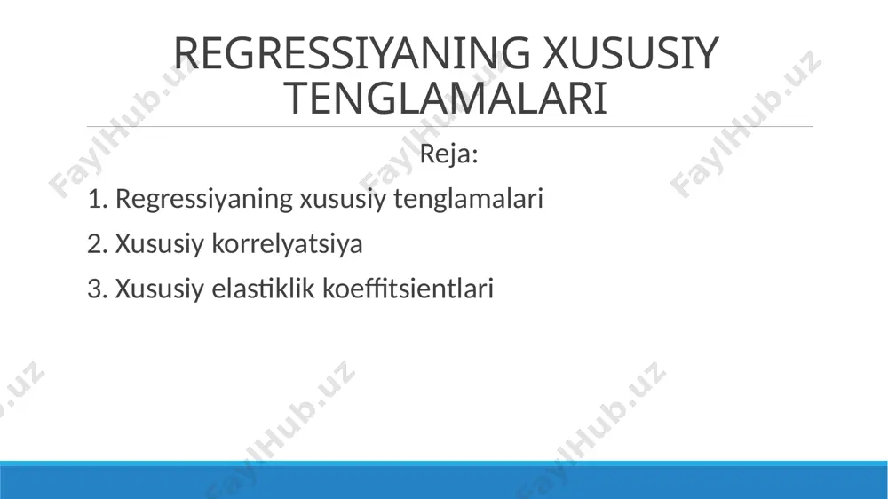 kiritilishidan oldin bo'lgan qoldiq dispersiyaga kamayishi munosabatini anglatadi. 2. xususiy korrelyatsiya boshqa omillarning o’zgarmas darajasida omilining y ga ta'sirini o'lchaydigan hususiy korrelyatsiya koeffitsientini quyidagi formula bilan aniqlash mumkin: bu erda barcha m ta omillarning ko’plikdagi determinatsiya koeffitsienti, esa modelga omil kiritilmagan holatdagi ko’plikdagi determinatsiya koeffitsienti. 2. xususiy korrelyatsiya ikki omilli hususiy korrelyatsiya koeffitsienti quyidagi ko’rinishga ega: 3. xususiy elastiklik koeffitsientlari. xususiy regressiya tenglamalarida boshqa omillarning natijaviy belgiga ta’siri ozod hadlarga qo’shilib, ma’lum bir omilning alohida ta’sirini tavsiflaydi. bu xususiy tenglamalar asosida xususiy elastiklik koeffitsientlarini aniqlash imkonini beradi: bunda – ko’p omilli regressiyadagi omil uchun regressiya koeffitsienti, – omilning berilgan qiymatlarida xususiy regressiya tenglamasidan olingan natijaviy belgining qiymati. 3. xususiy elastiklik koeffitsientlari. xususiy elastiklik koeffitsientlari bilan bir qatorda o'rtacha umumiy egiluvchanlik ko'rsatkichlarini hisoblash mumkin: bu ko’rsatkich o'rtacha natijaviy belgi unga mos keladigan omil 1% o'zgarganda qanchaga o'zgarishini ko'rsatadi. 3. xususiy elastiklik koeffitsientlari. misol. aytaylik, bir qator hududlarda ma'lum bir mahsulot uchun …
