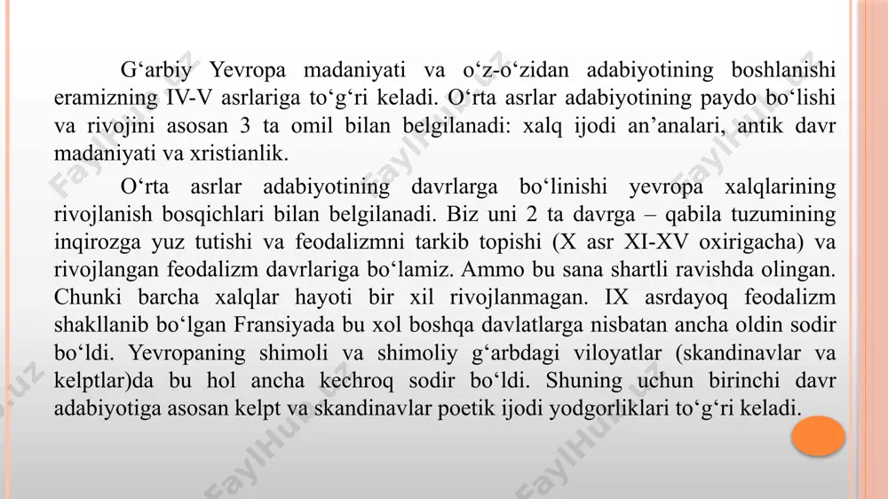 li bilan og‘rib vafot etadi. born unga bag‘ishlangan mashhur marsiyalarini yozadi. u bir qancha sevgi qo‘shiqlari ham ijod qilgan. minnezang. nemis ritsar madaniyati va adabiyoti. xii-xiii asrlarda fransiya taosiri ostida rivojlangan. ritsarp lirikasi minnezang («sevgi qo‘shig‘i» minne – «sevgi») deb ataladi. uning birinchi namunalari 1170-yillarga to‘g‘ri keladi. ritsarp - sevgi poeziyasi 2 oqimdan iborat edi. ulardan biri o‘z uslubi bilan arxaik xalq qo‘shig‘iga yaqin poeziya bo‘lib, unda hali ayolni ulug‘lash g‘oyalari sezilmaydi. (kyurenberg va ditmar fon aystlar ijodi). ko‘p she’rlar xalq qo‘shiqlari singari tabiat manzarasini tasvirlash (bahor yoki kuz kelishi) bilan boshlanadi va qahramonlar ruhiy xolatlariga mos keladi. ikkinchi oqim – provans trubadurlarining bevosita ta'siri ostida yuzaga keladi (g‘arbiy viloyatlarda). ditmar va kyurenberglarning lirikasi erli ayollarga emas, ko‘proq qizlarga qaratilgan. ularning she'rlarida sevgi iztiroblari ko‘pincha ayollarning qismati bo‘lib qoladi. ikkinchi oqim vakillari ijodi shaklning ancha murakkabligi ritsarp urf-odatlarining kiritilishi bilan izohlanadi. endi tabiat tasviri, dramatik situatsiya ko‘rinmaydi. visolga yeta olmaslik …