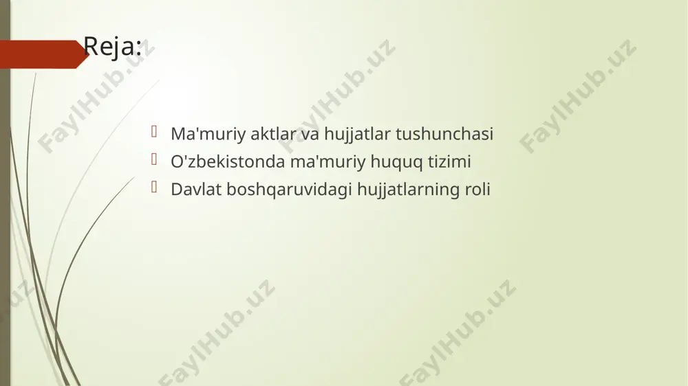 uvor hisoblanadi. har bir ma'muriy akt qonunlarga va normativ hujjatlarga mos kelishi lozim. ochiqlik va hisobdorlik ma'muriy huquqda ochiqlik va hisobdorlik tamoyillari davlat organlarining faoliyatini shaffof qilishga xizmat qiladi. bu jarayonlar fuqarolar ishtirokini ta'minlaydi. ma'muriy huquqning o'zbekistondagi rivojlanishi va zamonaviy tendentsiyalari. ma'muriy huquqning tarixi o'zbekistonda ma'muriy huquqning rivojlanishi mustaqillikdan so'ng boshlandi, qonunchilik va normativ hujjatlar yangi talablar asosida qayta ko'rib chiqildi. zamonaviy tendentsiyalar o'zbekistondagi ma'muriy huquq zamonaviylashmoqda, raqamli texnologiyalar va ochiq ma'lumotlar platformalari joriy etilishi bilan yanada shaffof va samarali bo'lmoqda. huquqiy islohotlar o'zbekistonda huquqiy islohotlar amalga oshirilmoqda, bu esa davlat boshqaruvi tizimidagi hujjatlarni takomillashtirishga va fuqarolar huquqini himoya qilishga qaratilgan. davlat boshqaruvidagi hujjatlarning funksiyalari va ahamiyati. 1 hujjatlarning roli davlat boshqaruvidagi hujjatlar, ma'muriy jarayonlarni tartibga solish va ularni amalga oshirishda muhim ahamiyatga ega. ular qonuniy asosni ta'minlaydi. 2 qonuniy asos har bir hujjat, davlat boshqaruvidagi faoliyatni qonuniylashtirishga xizmat qiladi. bu, fuqarolarning huquq va manfaatlarini himoya qilishda muhimdir. 3 jarayonlarni …