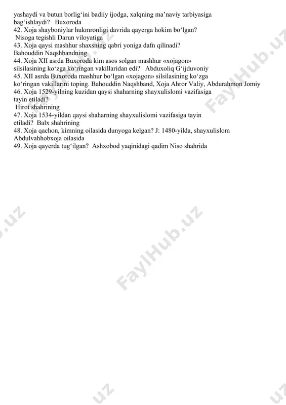 lamiga mansub sulaymon alayhissalom va pashsha haqidagi hikoyatning oxirida qaysi she’riy janr namunasi keltirilgan? g‘azal 30. xoja qalamiga mansub sulaymon alayhissalom va pashsha haqidagi hikoyatda muddai-yu muddao alayh – da’vo qiluvchi va da’vo qilinuvchi (aybdor) qaysi obrazlar? pashsha va yel 31. xoja qalamiga mansub odil podshoh va zohid haqidagi hikoyatda zohid necha hajining savobini podshohning bir soat adolat qilganining savobiga almashmoqchi bo‘ladi? yigirma hajining 32. xvi asrda «maxdumi a’zam» nomi bilan shuhrat qozongan mashhur shaxsni toping. xoja 33. xoja qalamiga mansub odil podshoh va zohid haqidagi hikoyatda qiyomatda hojilar bilan turishni orzu qilgan podshoh hojining bir hajlik savobini necha ming qizil tangaga sotib olmoqchi bo‘ladi? o‘n ming qizil tangaga 34. nisoriy xojaning qaysi devonlari haqida xabar bergan? turkcha va forscha devonlari 35. xojaning ijodi haqidagi tog’ri ma’lumotni toping. j: xojaning devonlari bizgacha yetib kelgan emas. j: xoja adabiyot tarixida ko‘proq hikoyalar muallifi sifatida qoldi. j: hasanxoja nisoriy keltirgan ma’lumotga ko‘ra, …