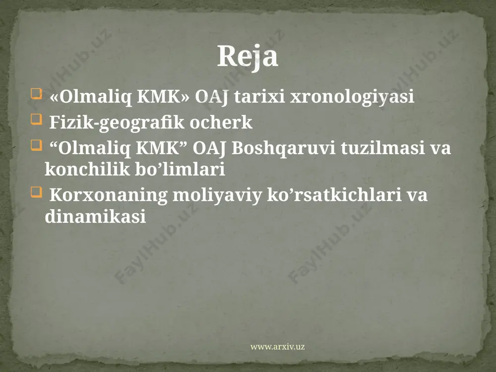 slashtirilgan yordamchi maktab-internati mukammal ta'mirdan chiqarildi va eng so’ngi jihozlar bilan ta'minlandi. - oktyabr oyida vi xalqaro sanoat yarmarkasi va kooperasiya birjasida ishtirok etgan "olmaliq kmk" oaj "faol ishtiroki uchun" sertifikati bilan taqdirlandi - oktyabr oyida itibda kapital-qurilish uchastkasi ish boshladi. 2013 yil - fevral oyidan boshlab kombinatda yangi ixtisoslashtirilgan tarkibiy bo’linma - shaxta qurilish boshqarmasi ishga tushirildi. 2014 yil -mart oyida jahon standarti talablariga javob beradigan 12 000 o’rinlik “metallurg” sport majmuasi ochildi www.arxiv.uz olmaliq ma’dantosh nohiyasi o’zbekiston respublikasi toshkent viloyatining janubida, qurama tizmasi tog’ etagining shimoliy-g’arbiy qismida, angren daryosining (sirdaryoning o’ng irmog’i) chap qirg’og’ida joylashgan. nohiya maydoni 850 km² ni tashkil etadi. nohiyaning sanoat markazi toshkent shahridan 65 km uzoqlikda joylashgan olmaliq shahridir.toshkent shahri bilan nohiya avtomobil yo’li bilan birlashgan.temir yo’l aloqasi ohangaron shaxri orqali amalga oshiriladi. nohiya relyefli shimoliy qismida mayda tepeliklardan iborat.janubiy qismida soylar orasidagi jarlikda suv ayir’ichlari bo’lgan tog’ etagidir. balandlik belgilari shimoldan janubga oshib …