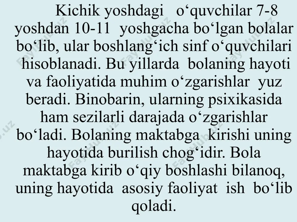 ing yangi shakllarini paydo bo‘lishi bevosita o‘quv faoliyati bilan bog‘liqdir. hech bir o‘qituvchi maktabga birinchi bor kelgan boladan o‘zi o‘rgatmagan arifmetik misol va masalalarni echishni talab etmaydi, lekin afsuski, juda ko‘p o‘qituvchilar ulardan qunt bilan o‘qishni, uyushqoqlikni, ma’suliyatlilikni, tartibga aniq rioya etishni talab etadilar bu davrda bola, fan asoslarini o‘rganish uchun biologik va psixologik jihatdan tayyor bo‘ladi. fiziologlarning fikriga ko‘ra, 7 yoshga kelib bolaning katta miya yarim sharlari ma’lum darajada rivojlangan bo‘ladi. lekin bu yoshda inson miyasining psixik faoliyatni rejalashtirish, boshqarish, nazorat qilish kabi murakkab shakllariga javob beradigan maxsus bo‘limlari hali to‘liq shakllanib bo‘lmagan bo‘ladi.( miyaning bu qismlari 12 yoshda rivojlanib bo‘ladi.) miyaning boshqaruv funksiyalarini to‘liq shakllanib bo‘lmaganligi kichik maktab yoshidagi bolalarning xulq-atvorida, faoliyatlarini tashkil etishlarida va emotsional sohalarida yaqqol namoyon bo‘ladi. shunday qilib, boshlang'ich maktab yoshi ko'p jihatdan bolaning kelajakdagi hayotini belgilaydi: u qanday qilib o'rganadi, kim bilan muloqot qiladi, qanday motivlar paydo bo'ldi - bularning barchasi bolani kelajakda …