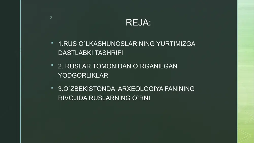 n (15 gektar) va ark (0,5 gektar) maydonlari , shahar hayotining 3 asosiy bosqichi aniqlangan. z ming o`rikdagi qazishma jarayonlarida hashamatli devorlar, turli uy-ro`zgor buyumlari ham aniqlangan. shuningdek unda hashamatli xona va ibodatxonalardan tashqari qo`shimcha xo`jalik xonalari ham bo`lgan. z vasiliy lavrenteyivich vyatkin rus olimi, arxeolog , professor vyatkin (1869-1932) u samarqand o`lkasini o`rganishda katta hissa qo`shgan. samarqandda muzeyni tashkil etgan va uning rahbari bo`lgan. 1905- 1935- yillarda afrosiyobda qazish ishlarini olib borgan. tadqiqotlar davomida u ‘afrosiyob – ko`hna samarqand o`rni’ asarini yozgan. z samarqanddagi me`moriy yodgorliklarni o`rganishda va muhofaza qilishga kata e`tibor qaratgan. ‘mirzo ulug`bek va uning samarqanddagi rasadxonasi’ , 1929-yilda ‘qadimgi samarqand arxetekturasi’ , nomli asarlar yozgan. vyatkin 1908-1909, 1914- yillarda ulug`bek rasadxonasini xv asrga oid o`rnini aniqlagan va qazish ishlarini olib borgan. z afrosiyob shahar xarobasi 1868- yilda chor rossiyasi tomonidan samarqand bosib olinganidan keyin boshlandi. afrosiyobda dastlabki qazish ishlari mayor borzenkov 1874-yilda, podpolkovnik krestovskiy 1883-yilda, sharqshunos …