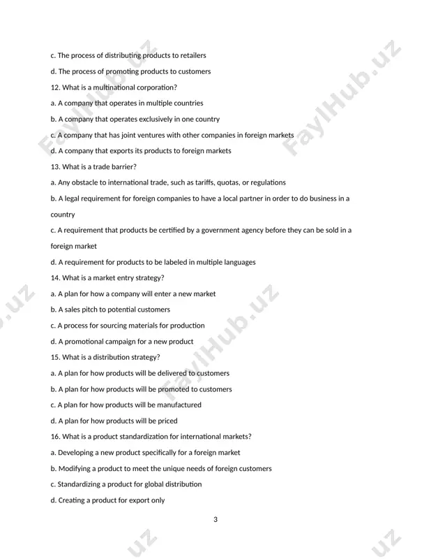 ll be promoted to customers c. a plan for how products will be manufactured d. a plan for how products will be priced 16. what is a product standardization for international markets? a. developing a new product specifically for a foreign market b. modifying a product to meet the unique needs of foreign customers c. standardizing a product for global distribution d. creating a product for export only 17. which of the following best describes a global marketing strategy? a. a standardized approach to marketing that ignores cultural differences b. an approach that focuses on adapting products to meet the unique needs of every foreign market c. an approach that balances standardization with local adaptation to achieve a consistent brand image d. an approach that focuses exclusively on selling products in domestic markets 18. what is an international pricing strategy? a. a plan for how products will be priced in …