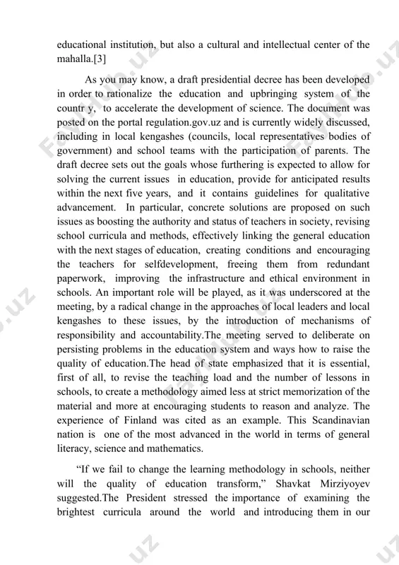 quality of education transform,” shavkat mirziyoyev suggested.the president stressed the importance of examining the brightest curricula around the world and introducing them in our country’s general school education. the ministry of public education was instructed to devise a national curriculum banking on the experience learned and launch its experimental implementation in the learning process starting from the 2021/2022 academic year. for the effective introduction of new approaches, all school teachers will be trained via video communication with the participation of foreign experts. pedagogical institutions will be instrumental in the process, and the methodology for training the educators will be updated. the best foreign textbooks on school subjects of mathematics, physics, chemistry, biology and computer science will also be studied thoroughly. the president reminded the hokims of their personal responsibility for solving such economic issues of schools as renovation of buildings, delivery of better conditions, guaranteed heating. shavkat mirziyoyev insisted that …