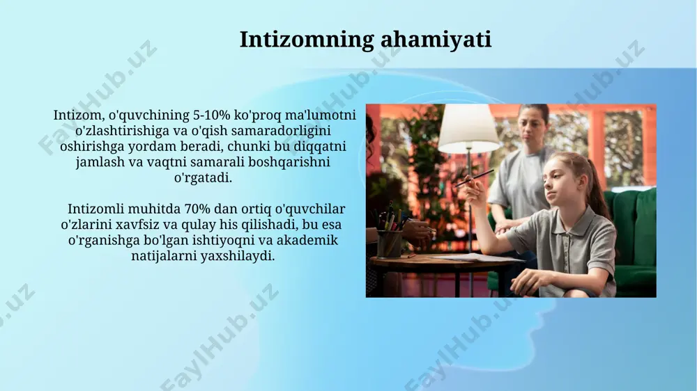 'qotishga yordam beradi. ijobiy motivatsiya usullari gamifikatsiya va mukofotlash tizimi: o'yin elementlari va ballar sistemasini joriy etish, 70% o'quvchilarning faol ishtirokini ta'minlab, intizomga bo'lgan salbiy munosabatlarini yumshatishga yordam beradi. muvaffaqiyatga yo'naltirilgan maqsadlar qo'yish: kichik, aniq va o'lchanuvchi maqsadlarni qo'yish, o'quvchilarning 90% da o'ziga ishonchni mustahkamlab, o'z-o'zini boshqarish ko'nikmalarini rivojlantiradi. o'z-o'zini boshqarish ko'nikmalarini rivojlantirish 80% o'quvchilarning o'z-o'zini boshqarish ko'nikmalarini yaxshilash uchun muntazam, 3-4 oy davom etadigan treninglar va mutaxassislarning qo'llab-quvvatlashi zarur. o'z-o'zini boshqarishni rivojlantirish jarayonida 3 bosqichli yondashuv: maqsad qo'yish, rejalashtirish va baholash, o'quvchilarning mustaqilligini oshirishda muhim ahamiyatga ega. o'z-o'zini baholash mexanizmlari o'z-o'zini baholash mexanizmlarini joriy etishda 5 bosqichli jarayon samarali bo'lib, har bir bosqichda o'quvchining 3 ta muhim ko'nikmasini baholashni o'z ichiga oladi. o'z-o'zini baholashda "metakognitsion monitoring" texnikasini qo'llash o'quvchilarning o'z xatolarini aniqlash va tuzatish qobiliyatini 15% ga yaxshilaydi. e'tiboringiz uchun rahmat @taqdimot_robot image2.jpg image3.jpg image4.jpg image5.jpg image6.jpg image7.jpg image8.jpg image9.jpg image10.jpg image11.jpg image12.jpg image13.jpg image14.jpg image15.jpg image16.jpg image17.jpg image18.jpg …
