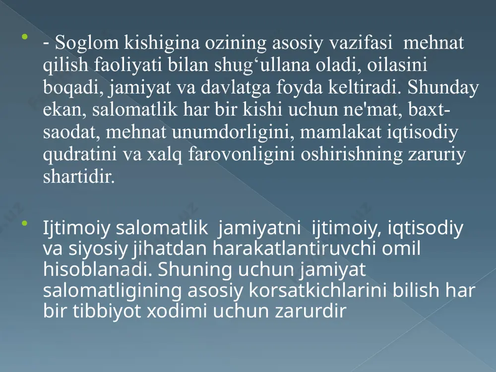 titetini tugatdi.1945-yilda hamshiralik fanlari magistri darajasini oldi. 1976-yilda faxriy doctor unvoniga sazovor bo’ldi. doroti orem modeli odamni yaxlit bir ob’ekt sifatida ko’radi. bu modelda u salomatlik holatiga odamning o’zi javobgar shaxs deb hisoblaydi, lekin shu bilan birgalikda kasalliklarning oldini olishda, ularni o’qitishda hamshiralik aralashuviga katta ahamiyat beradi. odam kasalmi, sog’mi baribir o’z-o’zini parvarish qilishi kerak deb hisoblaydi model bu biror-bir goya, fikr, faoliyat yoki ishni bajarish yoki amalga oshirish (biror mahsulot yoki narsani yaratish) uchun andoza yoki namuna degan ma'noni anglatadi. hamshiralik parvarishi modeli esa hamshira uchun bemor parvarishini amalga oshirayotganda oz fikrlarini jamlashga, parvarishni qanday tashkil etishga, ehtiyojlarni qanday tartib va qay tarzda qondirishni aniqlash uchun xizmat qiladigan vositadir. v. xenderson modeli bu model 1966-yilda amerikalik hamshira v.xenderson tomonidan yaratilgan bolib, parvarish orqali biologik, psixologik va ijtimoiy ehtiyojlarning qondirilishiga qaratilgan. ushbu modelda parvarishni rejalashtirish va amalga oshirishda bemorlarning ishtiroki zaruriy shart hisoblanadi. v. xenderson boyicha asosiy ehtiyojlar 1. normal …