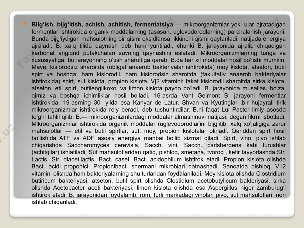 rga, vitaminlarga bo‗lgan ehtiyojlari bilan farq qiladilar va shuning uchun ham bu guruh bakteriyalarni alohida vakillari indikatorli bakteriyalar sifatida ishlatiladilar. bu bakteriyalarni birlashtirib turuvchi asosiy xususiyatlari, ularni bijg‗ish bosh mahsuloti sifatida sut kislotasi hosil qilishidir. gomofermentativ va geterofermentativ bijg‗ish jarayonlari ma‘lum. bunday ajratish uglevodlarni parchalanishdatubdan farq qiluvchi yo‗llar borligini ko‗rsatadi. e’toboringiz uchun rahmat image2.png image3.png image4.png /docprops/thumbnail.jpeg