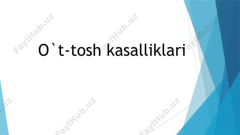) jigar va o't pufagida toshlar paydo bo'lishi bilan bog'lig bo'lgan holatdir. ushbu kasallikning asosiy sabablari gondagi xolesterin miqdorining ortishi yoki o' pufagi ichidagi moddalar bilan toshlar shakllanishidir. öt-tosh kasalliklarining asosiy simptomlari o'ng qorin bo'shlig'ida og'rig (xususan, og'ir ovgatlardan keyin). ﻿﻿yurakda qattiq sezilarli og'rig, ko'ngil aynish va qayt qilish. ﻿﻿terining sariqlashishi (yukori bilirubin miqdori bilan bog'liq). ﻿﻿galiyalashgan ich ketishi. öt-tosh kasalliklarini davolash: • dori-darmonlar: ba'zi hollarda, toshlarni kichikroq qilish uchun dori-darmonlar go'llaniladi. . kirishlarni jarrohlik usulida olib tashlash: ot pufagini olib tashlash operatsiyasi (xolecistektomiya) eng samarali davolash usuli bo'lishi mumkin, ayniqsa og'ir holatlarda. davolash . òt-tosh kasalliklari davolash uchun ba’zan jarrohlik usullari (xolecistektomiya), dori-darmonlar, yoki uzoq muddatli monitoring talab qilinadi. davolash usuli kasallikning turiga va bemorning holatiga qarab tanlanadi. e`tiboringiz uchun rahmat . image1.jpeg image2.jpeg /docprops/thumbnail.jpeg