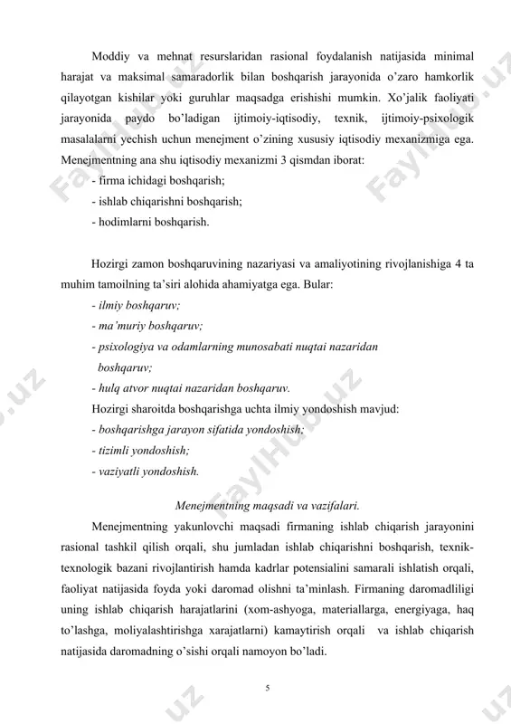 omillar asosida rivojlanish natijalarini bashorat etish; - mo’ljallangan maqsad bilan bashorat etilgan natijalar orasidagi farq minimal bo’lishi uchun istiqbolga rejalashtirish. operativ boshqarishni yuqorida aytib o’tilgan masalalarni amalga oshiradigan faoliyat deb aytsa bo’ladi. bunga kerak bo’lgan tarkibli va zaruriy resurslar yaratishni tashkillashtirish va tuzilgan tartib sharoitida boshqarish kiradi. nazorat esa erishilgan natijalarni tahlil qilishni (teskari aloqa) o’z ichiga oladi va boshqaruvning yangi davrini boshlashning tayanch punkti hisoblanadi. menejer va uning funksiyalari. menejer deb, xozirgi zamon tushunchasida, bozor sharoitida, firmaning faoliyati bo’yicha aniq qarorlar qabul qilish vakolatiga ega bo’lgan, doimiy mansabni egallab turgan rahbar yoki boshqaruvchi aytiladi. menejer tomonidan qabul qilinadigan qarorlar asosli bo’lishi kerak va boshqarishning yangi usullari, ya’ni kompyuter texnikasi yordamida ko’p variantli hisob-kitoblar asosida ishlab chiqilishi kerak. «menejer» tushunchasi keng ma’noga ega bo’lib, quyidagilarga taaluqlidir: - alohidagi bo’lim va guruhlarning bajarishi kerak bo’lgan aniq ish turlarining tashkilotchisiga; - korxonaning rahbariga va shu korxonaning bo’lim, qism yoki guruhlarning rahbarlariga; - …