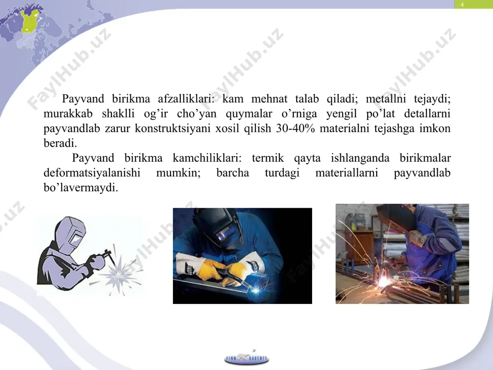 ul bilan ochilgan rez’bali detallarning mustahkamligini yuqori bo’ladi. * metrik rez’balar uchburchak shaklda bo’lib, profil burchagi  = 60 . uning geometrik o’lchamlari standartlashtirilgan: d –rez’baning tashqi diametri (mm); d1 -ichki diametri; d2 -o’rta diametr; h – rez’ba shaklining balandligi; r – rez’baning qadami; r1 -rez’ba yo’li, yahni bir marta to’la aylangan vintning o’q bo’ylab siljish masofasi * bir kirimli rez’balar uchun r1 = r, ko’p kirimli uchun esa r1 = n ·p, bunda n – kirimlar soni; mahkamlash uchun mo’ljallangan rez’balar asosan bir kirimli bo’ladi;  –rez’ba shaklining burchagi;  –vint chizig’ining ko’tarilish burchagi (o’rta diametri bo’yicha): * rez’bali birikmalarni hosil qilish uchun, asosan, boltlar, vintlar, shpilkalar, gayka va shaybalar ishlatiladi. bu detallarning hammasi standartlashtirilgan. boltli birikma bilan ikkita va undan ortiq, nisbatan katta qalinlikka ega bo’lmagan detallarni bolt va gayka bilan biriktirishni ko’zda tutilgan 1- bolt; 2 – gayka; 3 – shayba; 4 – shpilg’ka; 5 – vint. …