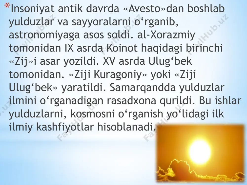 o‘z o‘qi atrofida sekin-asta muntazam sharqdan g‘arbga tomon aylanadi. aylanish tezligi quyosh ekvatorida 2 km/sek. bo‘lib, qutblari tomon kamayib boradi. ekvatorda aylanish davri - 25, qutblari yaqinda esa - 31 sutkaga teng. quyosh o‘z o‘qi atrofida o‘rtacha hisobda 27,27 sutkada bir marta aylanadi. quyosh, galaktika markazi atrofida 200 mln. yil davomida bir marta aylanib chiqadi. yaqin yulduzlarga nisbatan quyosh sekundiga 20 km tezlik bilan xarakat qiladi. quyoshning tuzilishi va evolyutsiyasi. quyosh-quyosh sistemasi markazida joylashgan yerga eng yaqin yulduz. quyosh og‘irligi yerdan 330 ming, diamyetri bo‘yicha 109 barobar katta. quyosh ichiga yerday sharlarning milliondan ortig‘i sig‘adi. quyoshningichkituzilishi yadro-quyoshningmarkazi,bosimvaharoratjudayuqori,natijadadoimoyadroreaksiyalarisodirbo’libturadi.yadrodeyarliko’zgako’rinmaydiganvaharakatsizo’tayuqoriharoratgaegabo’lgangazlardaniborat issiqliknitashqiqobiqlargauzatilishinuryordamidaamalgaoshiriladi,bundagazlarharakatsizqoladi.mazkurjarayonquyidagichasodirbo’ladi:yadrodanissiqliknurhududgaqisqato’kinlidiapazonlardakeladi(gammanurtaratish),ketishdaesauzunto’lqinlidiapazonlardaketadi(rentgenli),buesatashqaridaharoratnipastligibilanbog’liq. konvektivhududissiqlikni nur yordamida tashilishhududning tepasida joylashgan. mazkurhududham konvektiv holatdagi ko’zga ko’rinmaydigan gazlardan iborat. issiqlikning konvektiv harakati quyoshning markazi va tashqarisida bosim va haroratning farqlari tufayli sodir bo’ladi quyoshningatmosferasi fotosfera.quyoshatmosferasinigquyiqatlami.bevositakonvektivhududiningtepasidajoylashgan.fotosferaqizigan,ionlashgangazlardaniborat.uningquyiqismida(asosida)harorat6000daraja,yuqoriqismidaesa4500daraja.fotosferajudayupqagazqatlamidaniborat; xromosfera.quyoshto’latutilgandaqoraygandoiraningengchekkasidaochqizilyog’duko’rinadi. anashuyog’duxromosferadeyiladi. ufotosferanungtepasidajoylashgan. quyoshtoji–joylashgquyoshningtashqiatmosferasihisoblanadi. ujudasiyrakionlashgangazlard