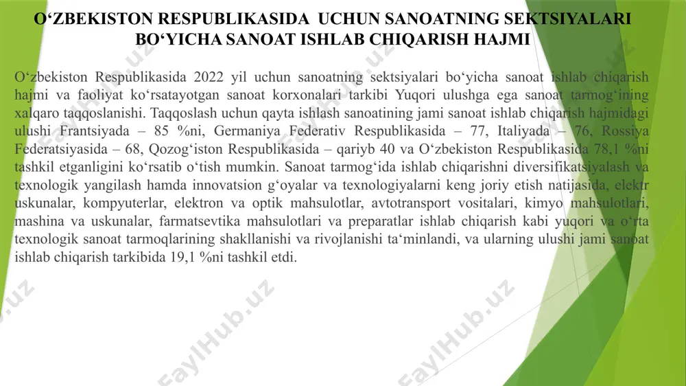 diyotdagi roli. sanoat ishlab chiqarishini rivojlantirishning shart-sharoitlari tog‘-kon sanoati. tog‘-kon va qayta ishlash korxonalari quvvatlarini oshirish maqsadida mineral-hom ashyobazasidan foydalanish va qayta ishlash samaradorligini oshirish, investitsiyalarni faol jalb etish bo‘yicha tizimli chora-tadbirlar amalga oshirilmoqda. 2026 yilgacha «navoiy kmk» dkda mahsulot ishlab chiqarish hajmini 30 foizga, «olmaliq kmk» ajga 2,9 mlrd. aqsh dollari miqdorida investitsiyalar jalb etish va 2023 yilgacha mis ishlab chiqarish hajmini 28 foizga, rux ishlab chiqarish hajmini 75 foizga oshirish ko‘zda tutilgan. kimyo sanoati. o‘zbekiston iqtisodiyotining bazaviy tarmoqlar sirasiga kiradi va qishloq xo‘jalik ishlab chiqarishni jadallashtirish ehtiyojlaridan kelib chiqib mineral o‘g‘itlar chiqaruvchi korxonalarni qurish orqali tashkil topgan. 174 respublikaning zamonaviy kimyo sanoati tarixi shorsuv oltin gugurt koni 1932 yilda ishga tushirilishi bilan boshlanadi. energetika - energiyaning har xil turlarini hosil qilish, ularni bir turdan ikkinchi turga o‘zgartirish, muayyan masofaga uzatish va yetkazib berish, ulardan barcha sohalarda foydalanishni hamda shular bilan bog‘liq nazariy va amaliy muammolarni hal qilishni o‘z …