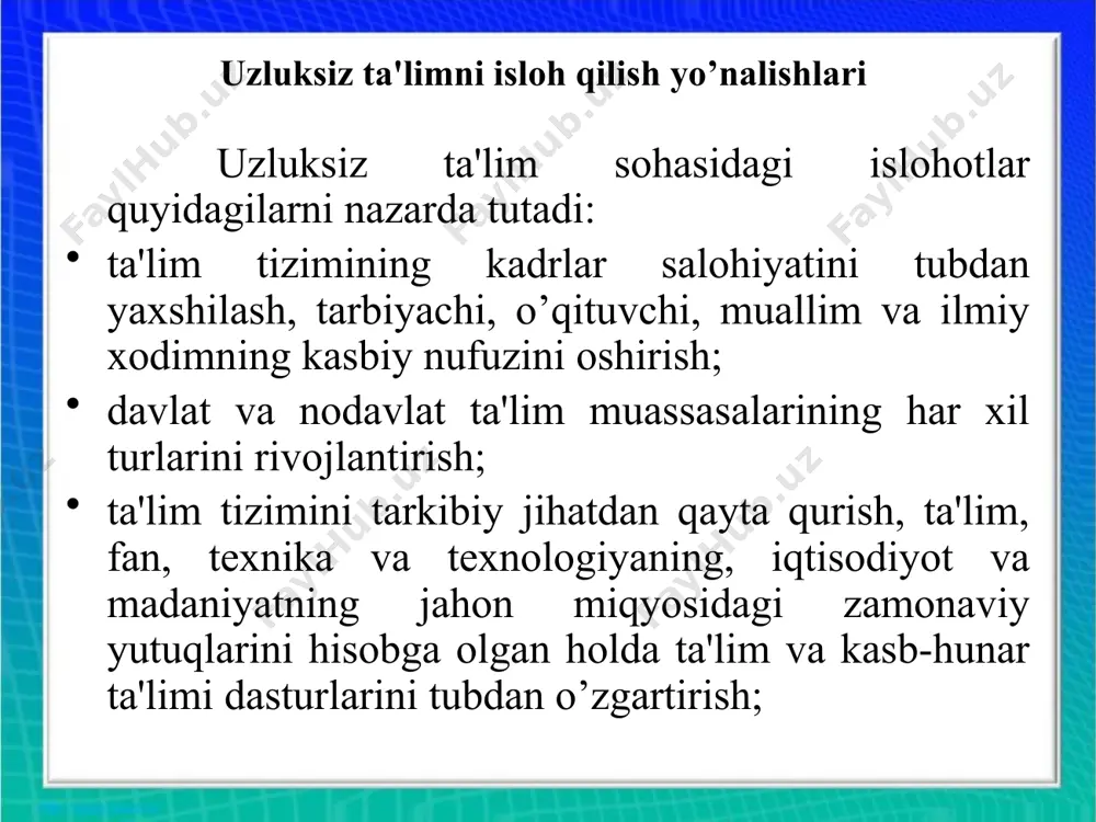 ha bir yoki bir necha ixtisosni egallash imkonini beradi. oliy ta'lim oliy ta'lim o’rta maxsus, kasb-hunar ta'limi negiziga asoslanadi hamda ikki (bakalavriat va magistratura) bosqichga ega. oliy ta'lim muassasalariga talabalar qabul qilish davlat grantlari negizida va pullik-shartnomaviy asosda amalga oshiriladi. bakalavriat mutaxassisliklar yo’nalishi bo’yicha fundamental va amaliy bilim beradigan, ta'lim muddati kamida to’rt yil davom etadigan tayanch oliy ta'limdir. bakalavrlik dasturi tugallanganidan so’ng bitiruvchilarga davlat attestatsiyasi yakunlariga binoan kasb bo’yicha "bakalavr" darajasi beriladi va davlat tomonidan tasdiqlangan namunadagi, kasb-hunar faoliyati bilan shug'ullanish huquqini beradigan diplom topshiriladi. magistratura aniqmutaxassislik bo’yicha fundamental va amaliy bilim beradigan, bakalavriat negizida ta'lim muddati kamida ikki yil davom etadigan oliy ta'limdir. "magistr" darajasini beradigan davlat malaka attestatsiyasi magistrlik dasturining intihosidir. magistrlarga davlat tomonidan tasdiqlangan namunadagi, kasb-hunar faoliyati bilan shug'ullanish huquqini beradigan diplom topshiriladi. oliy o’quv yurtidan keyingi ta'lim oliy o’quv yurtidan keyingi ta'lim jamiyatning oliy malakali ilmiy va ilmiy-pedagog kadrlarga bo’lgan ehtiyojlarini qondirishga, shaxsning ijodiy ta'lim-kasb-hunar …