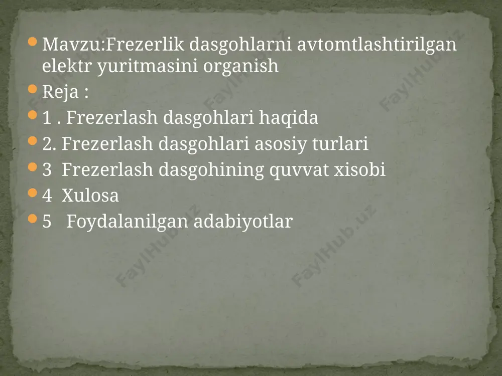 ha qirindi yo‘nib boradi. bunda frezaning tishlariga tushuvchi nagruzka eng katta darajadan eng kichik darajagacha kamaya boradi, zagotovkaga ta`sir etuvchi kuch uni stanok stoliga siqib, bikirligini oshiradi va zagotovkaga ishlov bera boshlash davrida freza tishlarining sirpanmay ishlashi kamayib, sifat ko‘rsatkichini oshi-radi. shu sababli bu usul nafis ishlov berishda qo‘llanadi. frezalarning asosiy turlari. frezalarni ishlatish joyiga ko‘ra, ularning turlari (konstruksiyasi, tishlarining shakli, geometriyasi), o‘rnatish xarakteri har xil bo‘ladi. masalan, konstruksiyasiga ko‘ra, frezalar yaxlit, yig‘ma, kavsharlangan va o‘rnatma tishli; o‘rnatilishiga ko‘ra esa o‘rnatma, kuyruqli va toretsli turlarga bo‘linadi. o‘rnatma frezalar shpindel opravkasiga mahkamlansa, kuyruqli frezalar shpindelga bevosita mahkamlanadi. toretsli frezalar shpindel toretsiga boltlar bilan mahkamlanadi. frezalarning asosiy turlari va ular bilan bajariladigan ishlar, frezalashda foydalaniladigan ba`zi moslamalar keltirilgan 6n82 modelli universal frezalash stanogi: 1-stanina; 2-plita; 3- shpindel ; 4- elektr dvigatel ; 5-konsol ; b-xartum; 7-ko‘ndalang salazka; 8-burish plitasi; 9-stol; 10-elektr dvigatel ; 11-opravka; 12-osma tayanchlar frezerlash dasgoxini quvvat xisobi. tezliklarni o‘zgartirish …