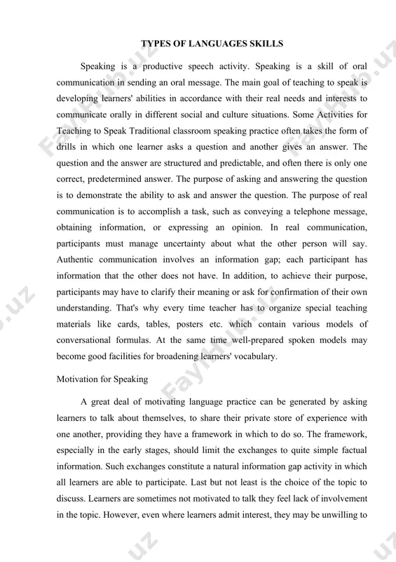 ing a study exercise. when learners are repeating sentences trying to get their pronunciation right, then the teacher will often correct (appropriately) every time there is a problem. but if learners are involved in a passionate discussion about whether smoking should be banned anywhere, the effect of constant interruption from the teacher will destroy the conversational flow, thus mining the purpose of the speaking activity. evaluation of speaking skills when dealing with speaking activities, it is important to ensure that the learners develop a sense that they are making progress. often learners do not realize just how much more confident and fluent they are becoming. one reason may be that they may rarely get the opportunity to take a leading role in conversation; it is well worth trying, then, to programmed activities and pair works in which brilliant learners have to sustain a conversation with those at lower level, in …