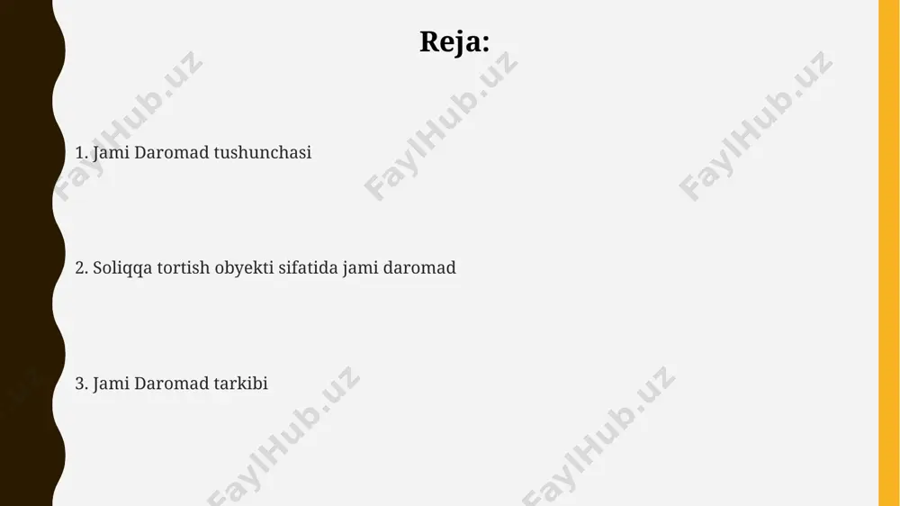 gan soliq stavkasi va chegirmalari qoʻllaniladi, bu esa yakuniy soliq miqdorini aniqlashga yordam beradi. agar daromad manbalari soni 5 tadan oshsa va har bir manbadan olingan daromad 50 mln. soʻmdan yuqori boʻlsa, unda maxsus hisob-kitob tartibi qoʻllaniladi. soliq toʻlovchining umumiy daromadiga ish haqi, pensiya, ijara toʻlovlari, dividendlar va boshqa turdagi daromadlar, yaʼni 10 dan ortiq manbadan tushgan mablagʻlar kiradi. boshqa daromadlar “boshqa daromadlar” tarkibiga 10% dan kam bo'lmagan daromad solig'i stavkalari bilan soliqqa tortiladigan, meros, sovg'a va lotereya yutuqlari kabi turli xil daromad manbalari kiradi. boshqa daromadlar bo'yicha soliq hisob-kitobida, agar daromad miqdori 50 mln. so'mdan oshsa, progressiv soliq stavkalari qo'llaniladi. 2023 yil uchun "boshqa daromadlar" ga kiruvchi daromadlar ro'yxati soliq kodeksining 181-moddasida batafsil keltirilgan bo'lib, ularga kapital daromadlari ham kiradi. daromad turlari jismoniy shaxslarning daromadlari, soliqqa tortish maqsadida, 10 ga yaqin turga bo‘linishi mumkin, jumladan, ish haqi, dividendlar, foizlar va ijaraga berishdan olingan daromadlar kiradi. daromadlarning turli toifalari har …