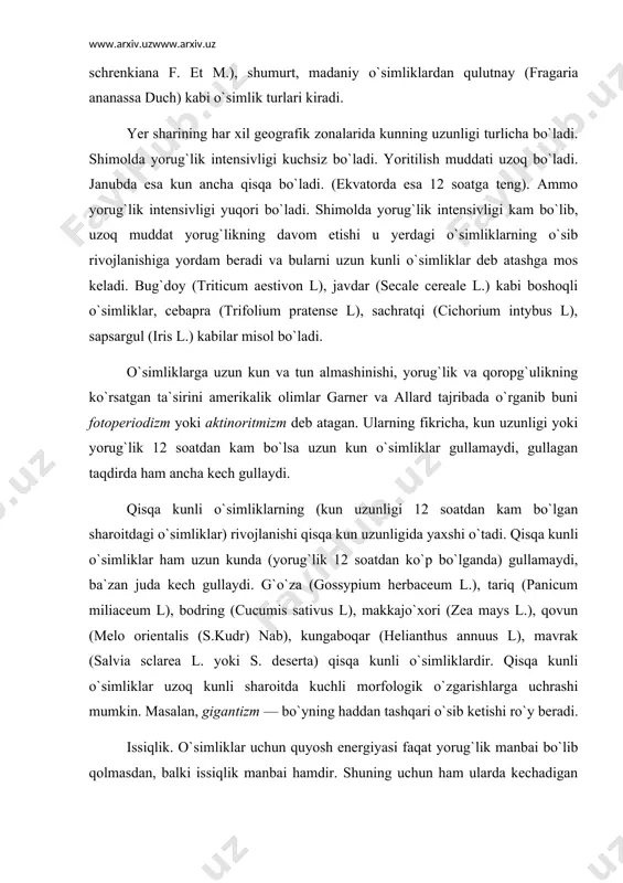 lib qolmasdan, balki issiqlik manbai hamdir. shuning uchun ham ularda kechadigan barcha fiziologik jarayonlar issiqlik bilan bog`likdir. birgina urug`ning unib chiqishi uchun issikdik ikki xil ta`sir ko`rsatadi: a) foydali bo`lgan past issiqlik urug`larni tinim holatidan chiqaradi; b) urug`ning unib chiqish darajasi va tezligini ham issiqlik belgilaydi. issiqlik o`simliklarda kechadigan fotosintezga teskari jarayon — nafas olishda ham katta ahamiyatga ega. ma`lumki nafas olish sutka davomida amalga oshadigan jarayondir. issiqlikning kecha va kunduzda almashinib turishi o`simlik uchun qatga ahamiyatga ega. issiqlikning har kuni bir xilda ritmik almashinib turishiga o`simliklarning moslashuvi — termoperiodizm deb ataladi. yer yuzida barcha o`snmliklarpi issiqlik omiliga bo`lgan munosabatiga ko`ra ikki xil ekologik gruppaga bo`lish mumkin: a) issiqsevar — termofil o`simliklar; b) sovuqsevar — psixrofil o`simliklar. har ikkala band xususida to`xtalib o`tamiz: a) yer sharining janubiy kengliklarida o`sadigan go`za (cossypium herbaceum l.), mandarin (citrus reticulata. blanco), apelsin (citrus sinensis. osl), limon (citrus limon burm) kabi o`simliklar issiqsevar o`simliklar bo`lib, …