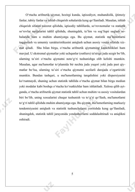 uda katta ta'sir ko‘rsatishi mumkin. masalan, yuqoridagi sinfda bir o‘quvchi 100 ball olgan bo‘lsa, bu o‘rtacha qiymatni sezilarli darajada oshiradi, bu esa ma'lumotlarning haqiqiy markaziy tendentsiyasini noto‘g‘ri aks ettirishi mumkin. shuningdek, o‘rtacha qiymat, ma'lumotlarning tarqalishini yoki dispersiyasini ko‘rsatmaydi, shuning uchun tarqalishni aniqlash uchun median, moda yoki dispersiya kabi boshqa statistik ko‘rsatkichlar bilan ham ishlatiladi. oʻrtacha arifmetik qiymatning xossalarini to‘g‘ri tushunish va uni statistik tahlilga to‘g‘ri qo‘llash uchun, uning hisoblash usuli va ta'sir qiluvchi omillarni bilish muhimdir. u ishlab chiqarish sifatini nazorat qilishda, iqtisodiy tahlillarda, ijtimoiy fanlarda va tabiiy fanlarda keng qo‘llaniladi. masalan, iqtisodiyotda o‘rtacha daromad, ishlab chiqarishdagi o‘rtacha ishlab chiqarish hajmi yoki o‘rtacha yosh statistik xarakteristikalar sifatida ishlatiladi. xulosa qilib aytganda, o‘rtacha arifmetik qiymat statistik analizning asosiy vositalaridan biri bo‘lib, uning xossalarini chuqur tushunish va to‘g‘ri qo‘llash ma'lumotlar to‘plamini to‘g‘ri tahlil qilish uchun muhimdir. u ma'lumotlarning markaziy tendentsiyasini aniqlashda yordam berib, statistik tushunchalarni yoritishda keng qo‘llaniladi. biroq, ekstremal qiymatlar va …