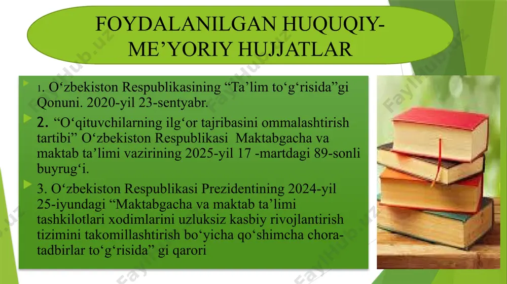 seminarlar, vebinarlar yoki treninglar tashkil etib, o‘z bilim va tajribalarini boshqa o‘qituvchilar bilan bo‘lishish uchun imkon yaratish. eng ilg‘or pedagoglarni tanlab, ularga mukofotlar berish va ularning tajribalarini keng ommaga taqdim etish ilg‘or pedagoglar o‘z ish tajribalari va ilmiy tadqiqotlarini pedagogika sohasidagi jurnallarda e’lon qilish 11 e’tiboringiz uchun rahmat ta’limning sifatini oshirish, o‘quvchilarning intellektual va ijtimoiy taraqqiyotiga to‘g‘ri ta’sir o‘tkazish, fan o‘qituvchilari va sinf rahbarlari o‘rtasidagi munosabatlarni mustahkamlash, bu hamkorlik o‘quvchilarning faoliyatini muvofiqlashtirish va ularni turli sohalarda muvaffaqiyatlarga erishishlari uchun qo‘llab - quvvatlashga yo‘naltirish. image8.jpeg image2.png image3.jpeg image4.png image5.png image6.jpeg image7.png image9.jpeg image10.jpeg image11.jpeg image12.jpeg image13.jpeg image14.jpeg image15.png image16.png image17.png image18.jpeg image19.jpeg image20.jpeg image21.png image22.png image23.png image24.png image1.png /docprops/thumbnail.jpeg