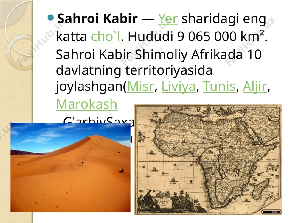 il qismidan boshqa joylarida havo quruq. yog`in cho`lning shim. da, asosan, qishda, jan.da yozda yog`adi. yillik yog`in sahroi kabirning tekislik qismida 50 mm dan, tog`liklarda 100 mm dan kam, chekkalarida 100–200 mm. ichki r-nlarda yillab yog`in yog`maydi, lekin ayrim vaqtlarda tog`larda jala yog`ib sel keladi. ahajjar va tibasti tog`liklarining tepalarida qishda qisqa muddat qor yog`adi. ob-havosi havoning sutkali va yillik temperaturasi farqi katta. ayrim joylarda tra 56—58° ga yetadi. iyul oyining o`rtacha temperaturasi 37,2°, yanv.niki 10°. kishda hamma qismida kechasi tuproq muzlaydi. eng past tra (—18°) tibasti tog`ida kuzatilgan. yilning salqin oylarida kuchli shamol (tezligi 50 m/sek. gacha) esib chang va qum bo`ronlari (samum) bo`ladi. sahroi kabirda oqar suvlar kam. cho`lni kesib o`tuvchi eng yirik daryo — nil. ba`zan kuchli yomg`ir yoqqandan so`ng quruq o`zanlar qisqa muddat suvga to`ladi. tog`larda suvi juda minerallashgan kichik qoldiq ko`llar uchraydi. sahroi kabir yer osti suvlariga boy. buloq va quduklar atrofida vohalar vujudga kelgan. …