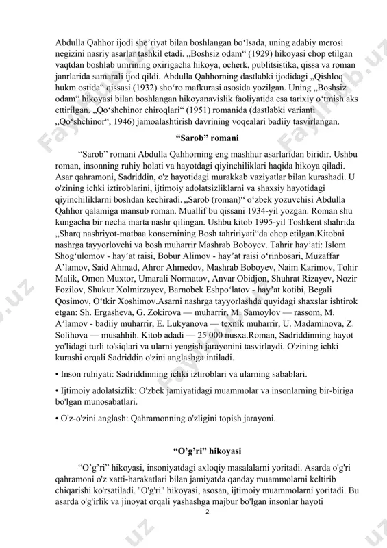 kufur, gulyor, nish, erkaboy, e-voy kabi taxalluslar ostida eʼlon qilindi. abdulla qahhor 30-yillarda yana toshkentga qaytadi va oʻrta osiyo davlat universitetining pedagogika fakultetiga oʻqishga kiradi (1930), ayni paytda „sovet adabiyoti“ jurnalida mas’ul kotib vazifasini bajaradi. oʻzdavnashrda muharrir va tarjimon (1935–1953). 1954–1956-yillarda oʻzbekiston yozuvchilari uyushmasi boshqaruvining raisi. abdulla qahhor umrining oxirlarida davolanish uchun moskvaga boradi va oʻsha yerda vafot etadi. toshkentdagi chigʻatoy qabristoniga dafn etiladi. abdulla qahhor ijodi sheʼriyat bilan boshlangan boʻlsada, uning adabiy merosi negizini nasriy asarlar tashkil etadi. „boshsiz odam“ (1929) hikoyasi chop etilgan vaqtdan boshlab umrining oxirigacha hikoya, ocherk, publitsistika, qissa va roman janrlarida samarali ijod qildi. abdulla qahhorning dastlabki ijodidagi „qishloq hukm ostida“ qissasi (1932) shoʻro mafkurasi asosida yozilgan. uning „boshsiz odam“ hikoyasi bilan boshlangan hikoyanavislik faoliyatida esa tarixiy oʻtmish aks ettirilgan. „qoʻshchinor chiroqlari“ (1951) romanida (dastlabki varianti „qoʻshchinor“, 1946) jamoalashtirish davrining voqealari badiiy tasvirlangan. “sarob” romani “sarob” romani abdulla qahhorning eng mashhur asarlaridan biridir. ushbu roman, …