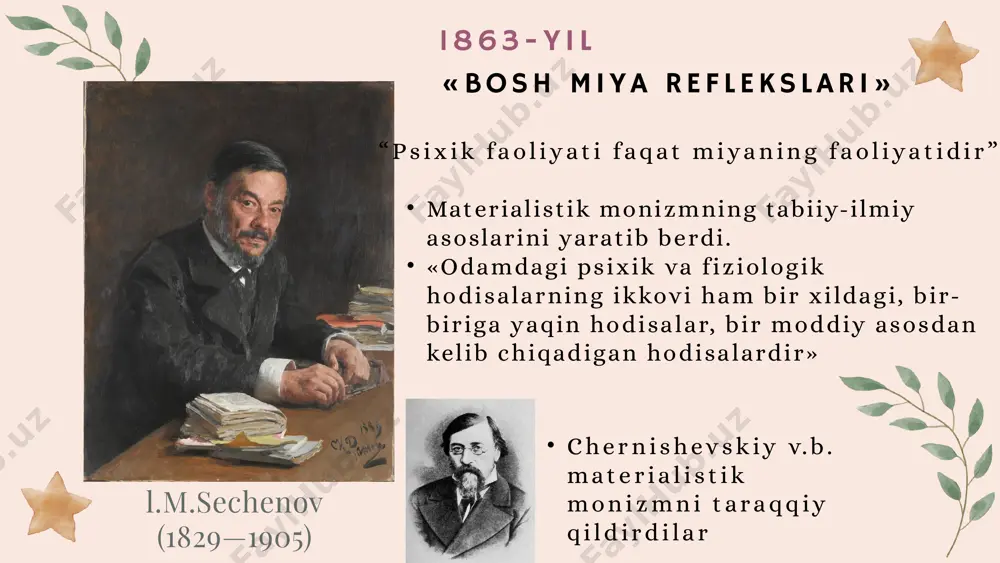 bo'ladi shartli reflekslar tug'ma bo‘lmay, balki tug'ilishdan keyin, turmush tajribasida, shartsiz reflekslar asosida hosil bo`ladi ovqat shartsiz qo'zg'ovchidir shartsiz refleks neytral qo'zg'ovchi shartsiz qo'zg'ovchidir neytral qo'zg'ovchi neytral qo'zg'ovchi 1 neytral qo'zg'ovchi 2 neytral qo'zg'ovchi 2 shartli refleks tajriba itlarda olib boriladi ikkilamchi shartli refleks shartli refleks paydo bo'lishi uchun shartli qo'zg'ovchi shartsiz qo'zg'ovchidan sal-pal oldinroq ta’sir etishi kerak. shartsiz reflekslarning yoylari orqa miyada va bosh miyaning stvol qismida birlashadi. endigina boshi olib tashlangan baqaning oyog'i chimchilansa, oyog'ini tortib oladi. agar kislota bilan xoilangan bir parcha paxta olib, shu baqaning orqasiga qo'yilsa, baqa oyog'i bilan orqasini qashiydi. agar shu baqaning orqa miyasiga igna tiqib zarar yetkazilsa, bu harakatlarning hammasi to'xtaydi. demak, orqa miya shartsiz reflekslar markazidir. takomilining yuqori darajasiga chiqqan hayvonlarda shartli reflekslar bosh miya po'stida hosil bo'ladi. itda masalan, qo'ng'iroq tovushiga javoban mustahkam shartli refleks hosil qilinadi. shundan keyin, itning bosh miya po'sti operatsiya qilib olib tashlanadi. it tuzalgandan keyin, …